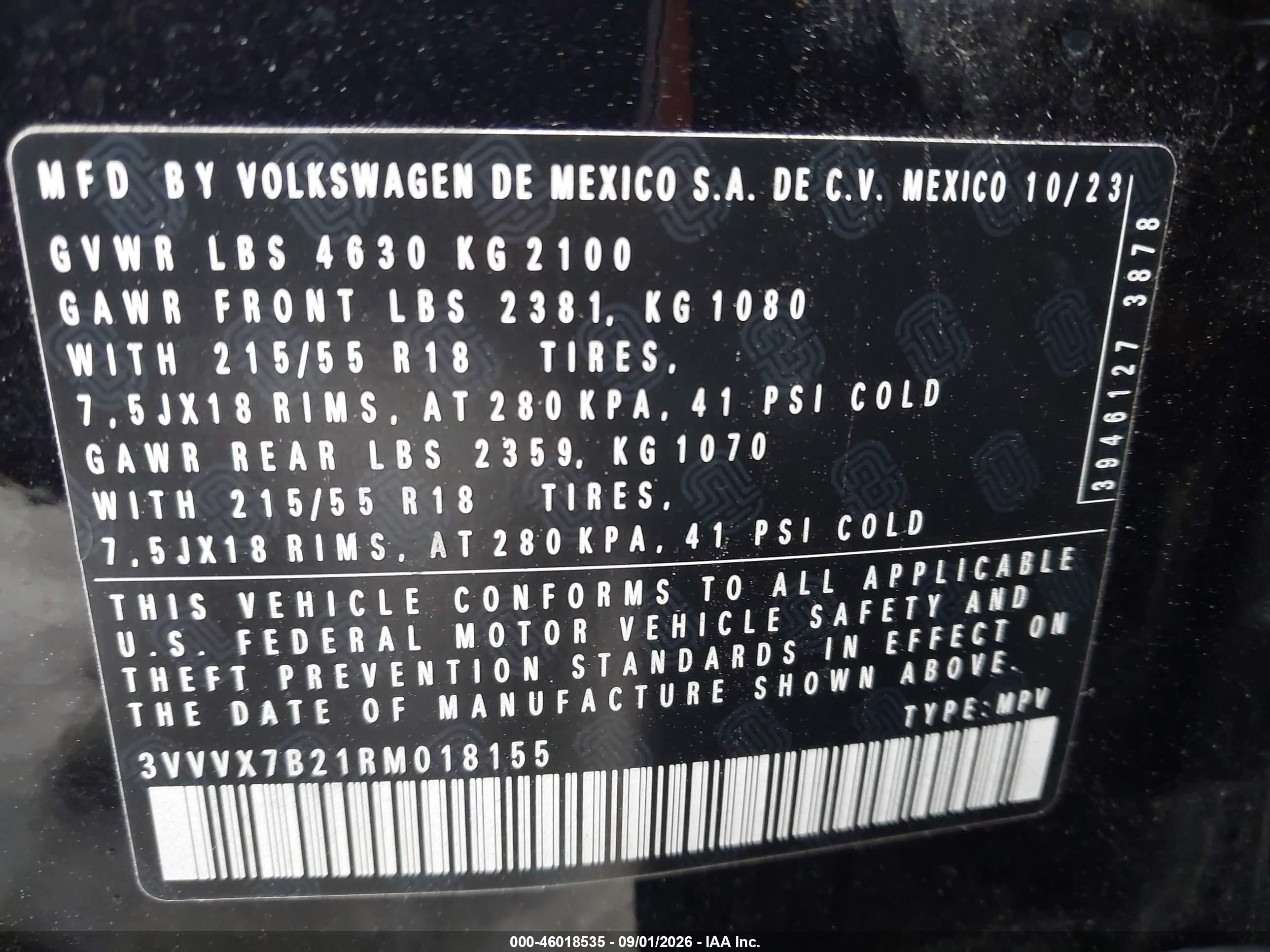 2024 Volkswagen Taos VIN 3VVEX7B21RM018155 IAAI salvage auction — Unknown, Salvage (Pennsylvania), sold $9,600 on 2026-09-10 (photo 9)