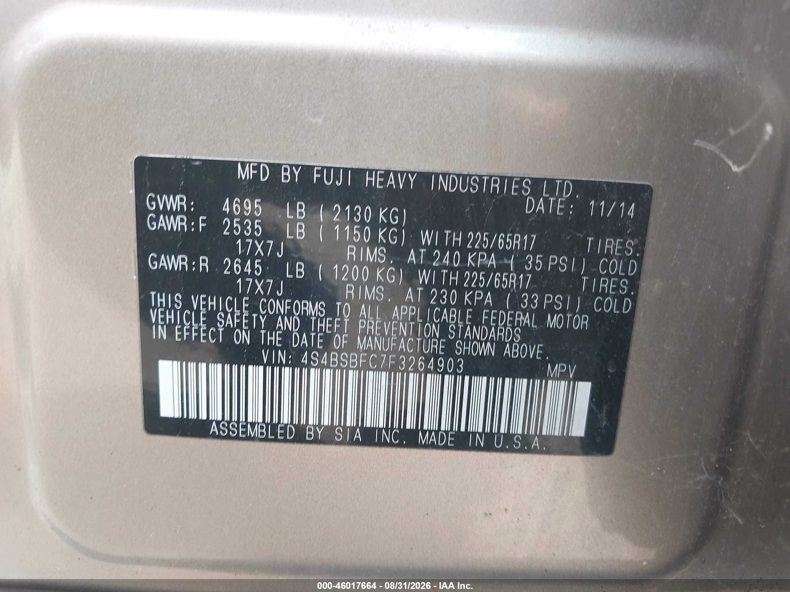 2015 Subaru Outback VIN 4S4BSBFC7F3264903 IAAI salvage auction — Normal Wear, Regular Certificate (Iowa), sold $1,975 on 2026-09-08 (photo 9)