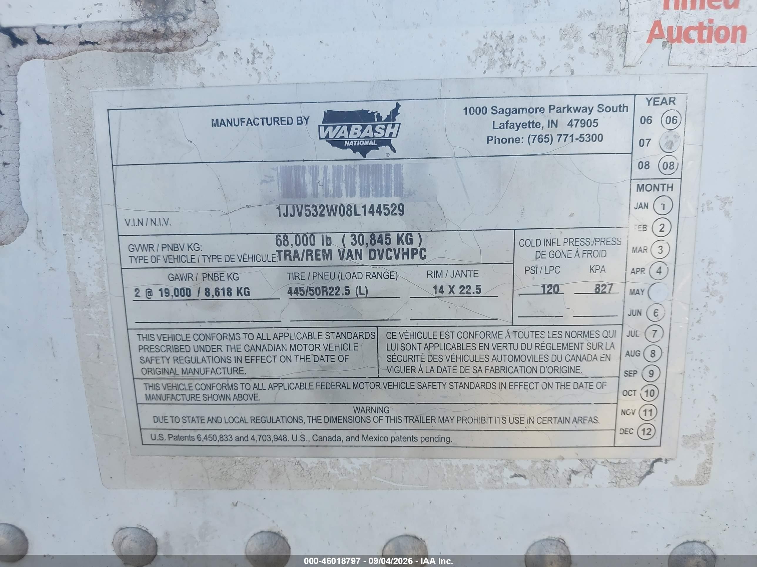 2008 Wabash National Corp Unknown VIN 1JJV532W08L144529 IAAI salvage auction — Theft, Salvage (Alabama), sold $775 on 2026-09-23 (photo 9)