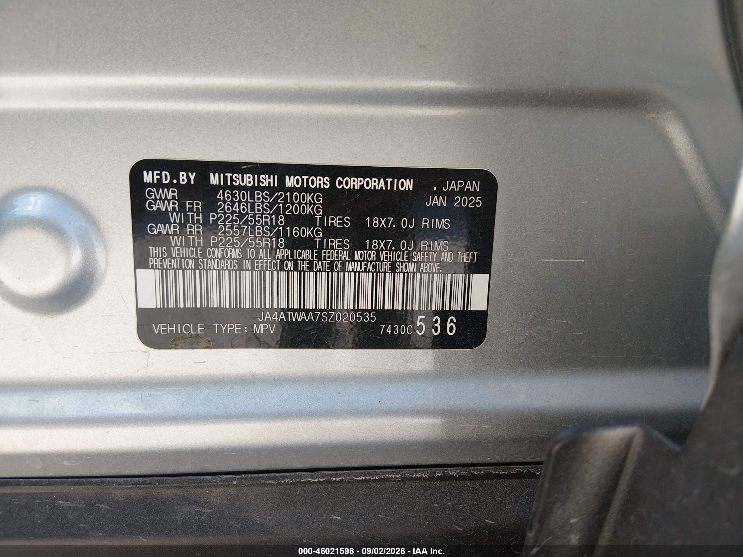 2025 Mitsubishi Eclipse cross VIN JA4ATWAA7SZ020535 IAAI salvage auction — Rear End, Enterprise Vehicles Clear Only (California), sold $9,500 on 2026-09-07 (photo 9)