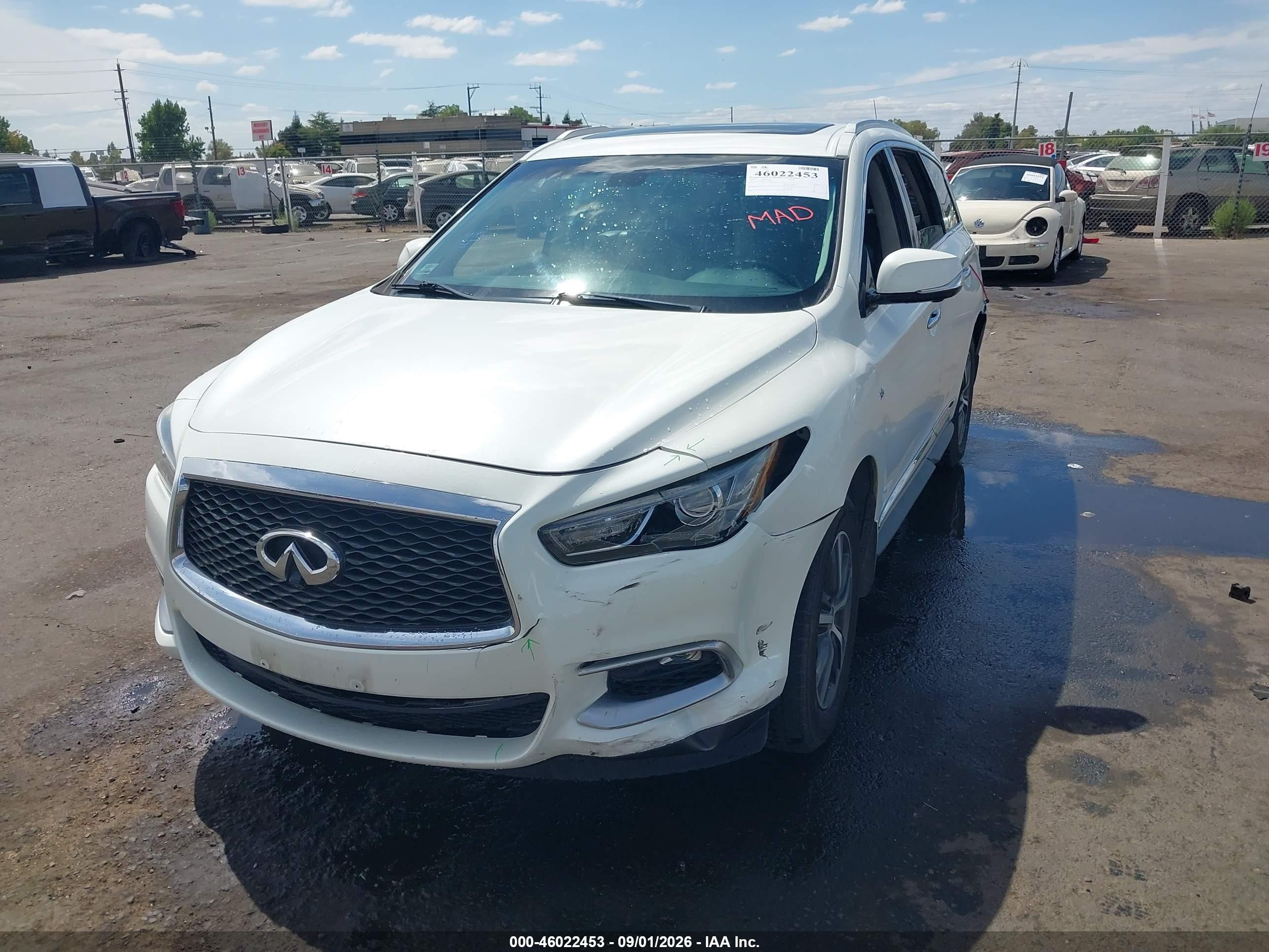 2016 Infiniti QX60 VIN 5N1AL0MN2GC531996 IAAI salvage auction — Front End, Salvage (California), sold $1,300 on 2026-09-12 (photo 2)