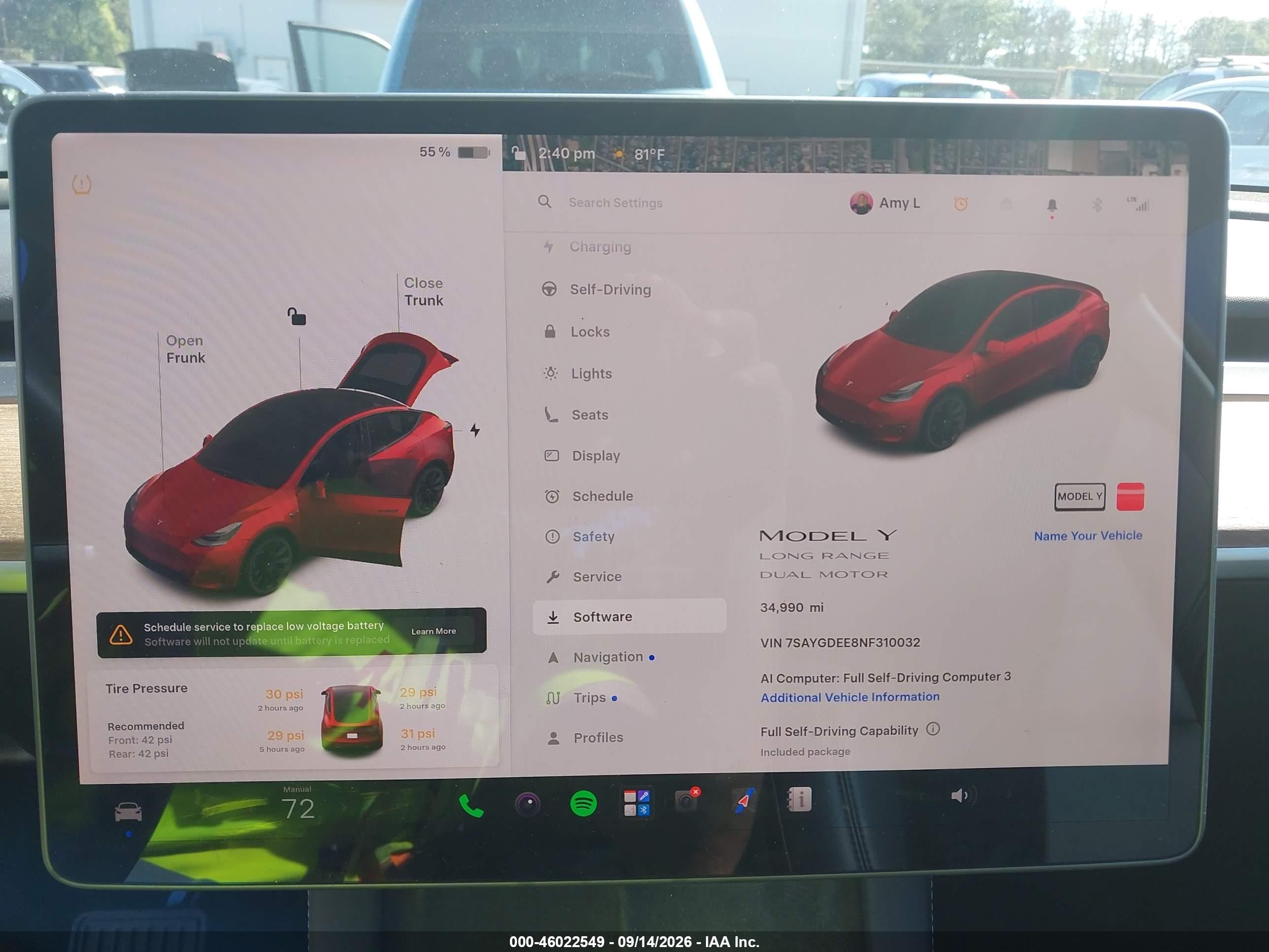 2022 Tesla Model Y VIN 7SAYGDEE8NF310032 IAAI salvage auction — Rear End, Mv-907A (New York), sold $9,800 on 2026-09-27 (photo 7)
