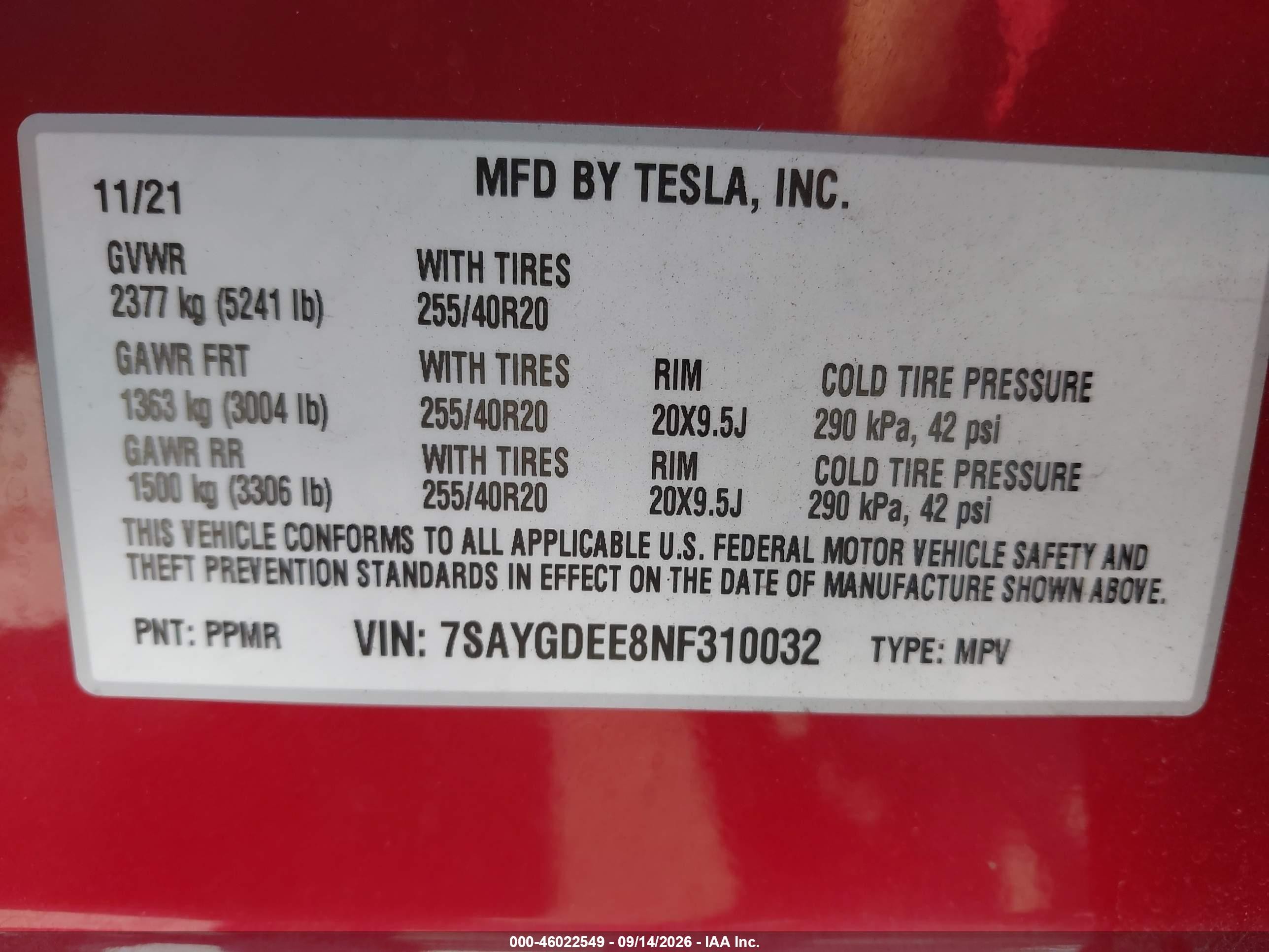 2022 Tesla Model Y VIN 7SAYGDEE8NF310032 IAAI salvage auction — Rear End, Mv-907A (New York), sold $9,800 on 2026-09-27 (photo 9)