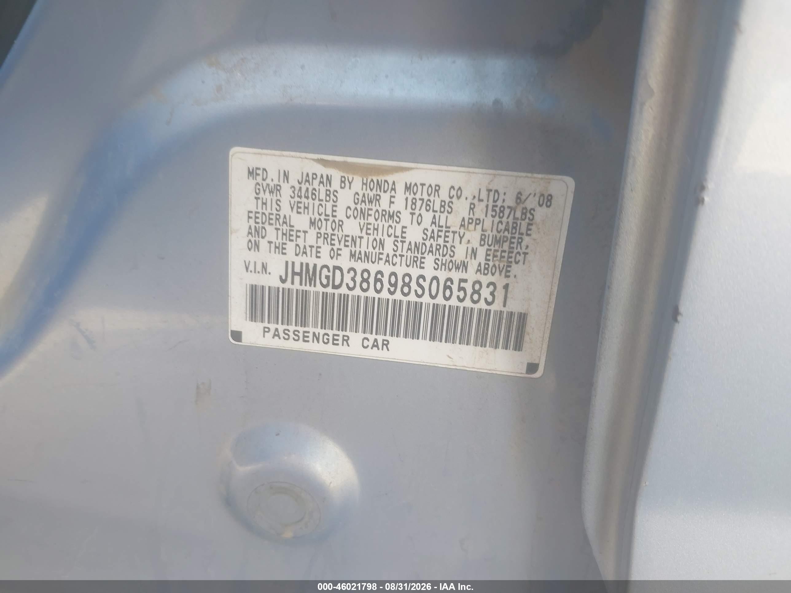 2008 Honda Fit VIN JHMGD38698S065831 IAAI salvage auction — Normal Wear, Clear - Dealer Only (California), sold $550 on 2026-09-08 (photo 9)