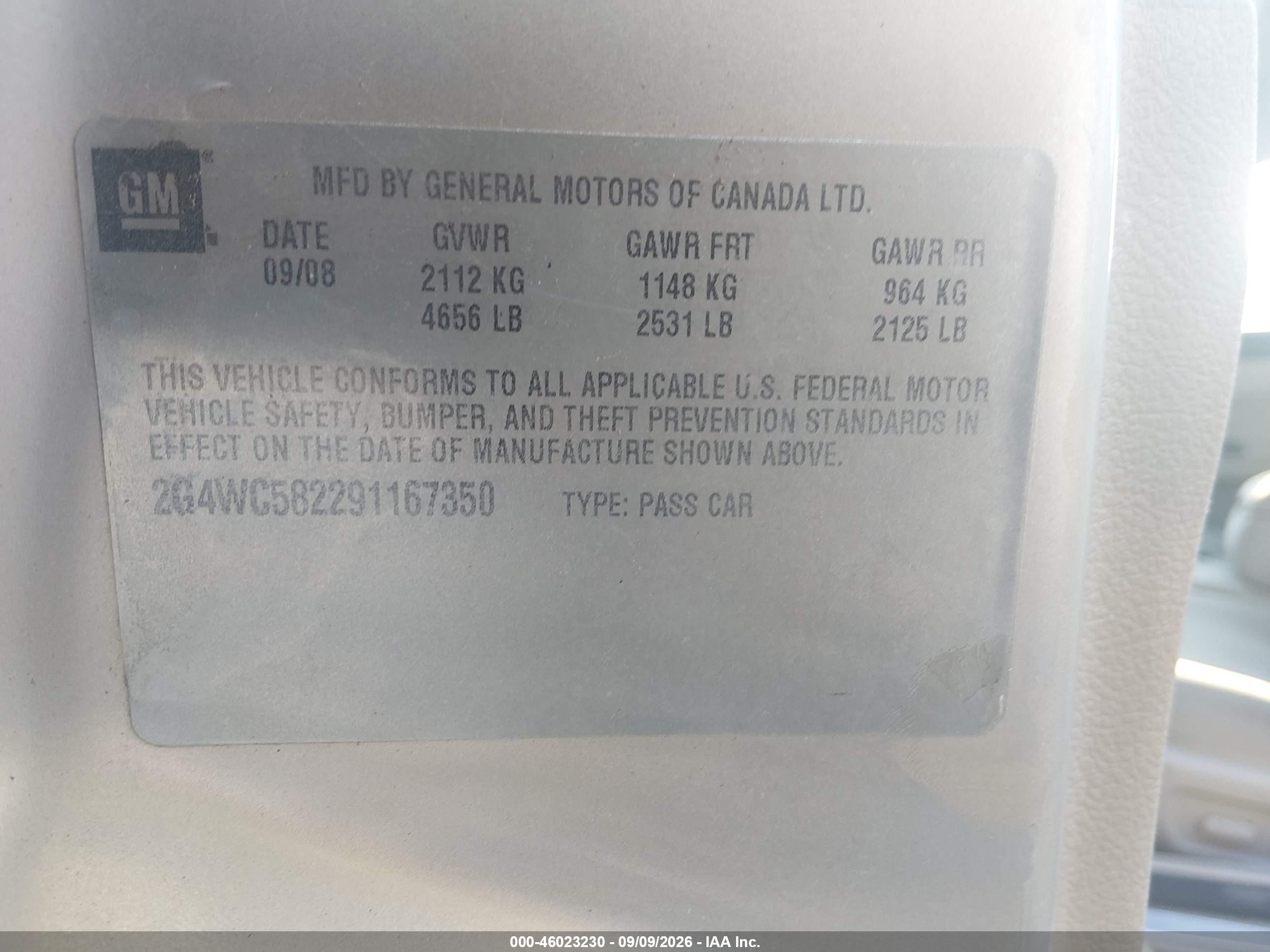2009 Buick Lacrosse VIN 2G4WC582291167350 IAAI salvage auction — Side, Salvage (Arkansas), sold $625 on 2026-09-29 (photo 9)