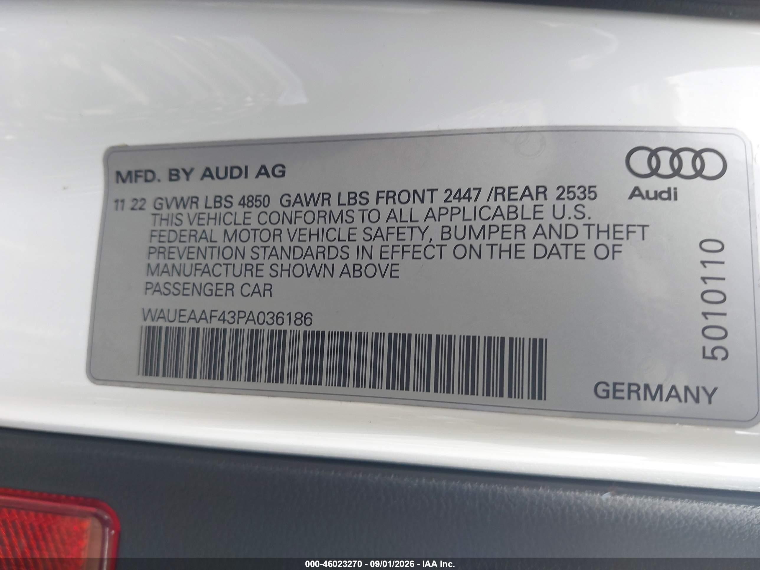 2023 Audi A4 VIN WAUEAAF43PA036186 IAAI salvage auction — Front End, Mv-907A (New York), sold $7,300 on 2026-09-24 (photo 9)