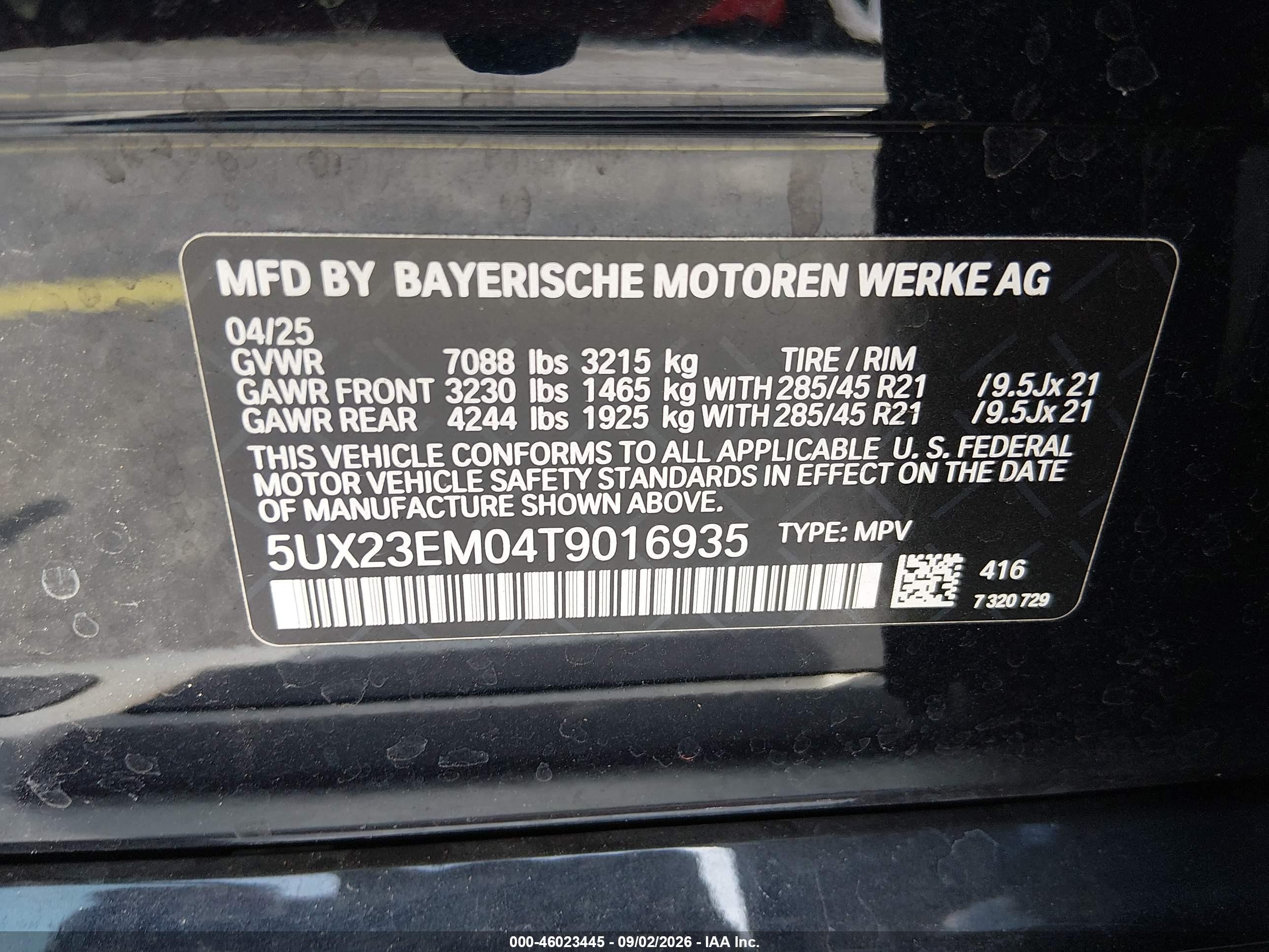 2026 BMW X7 VIN 5UX23EM04T9016935 IAAI salvage auction — Unknown, Clear (Florida), sold $38,250 on 2026-09-11 (photo 9)
