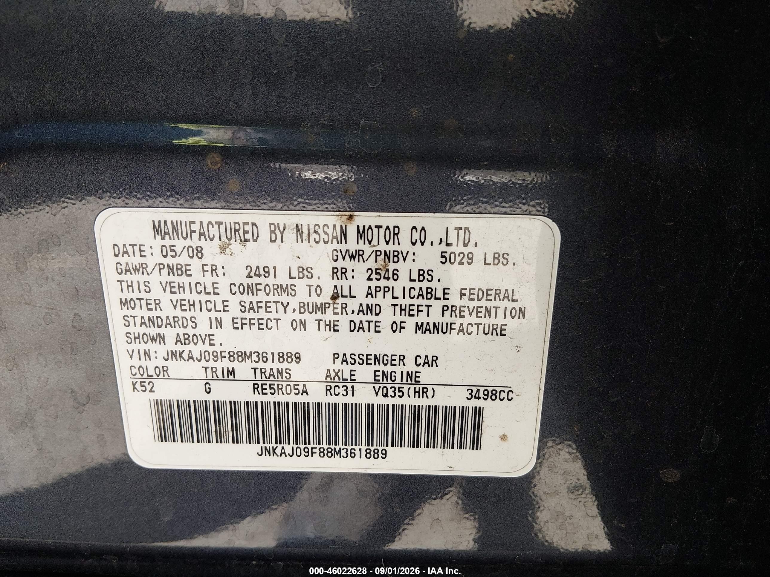 2008 Infiniti EX35 VIN JNKAJ09F88M361889 IAAI salvage auction — Rear End, Salvage (California), sold $400 on 2026-09-23 (photo 9)