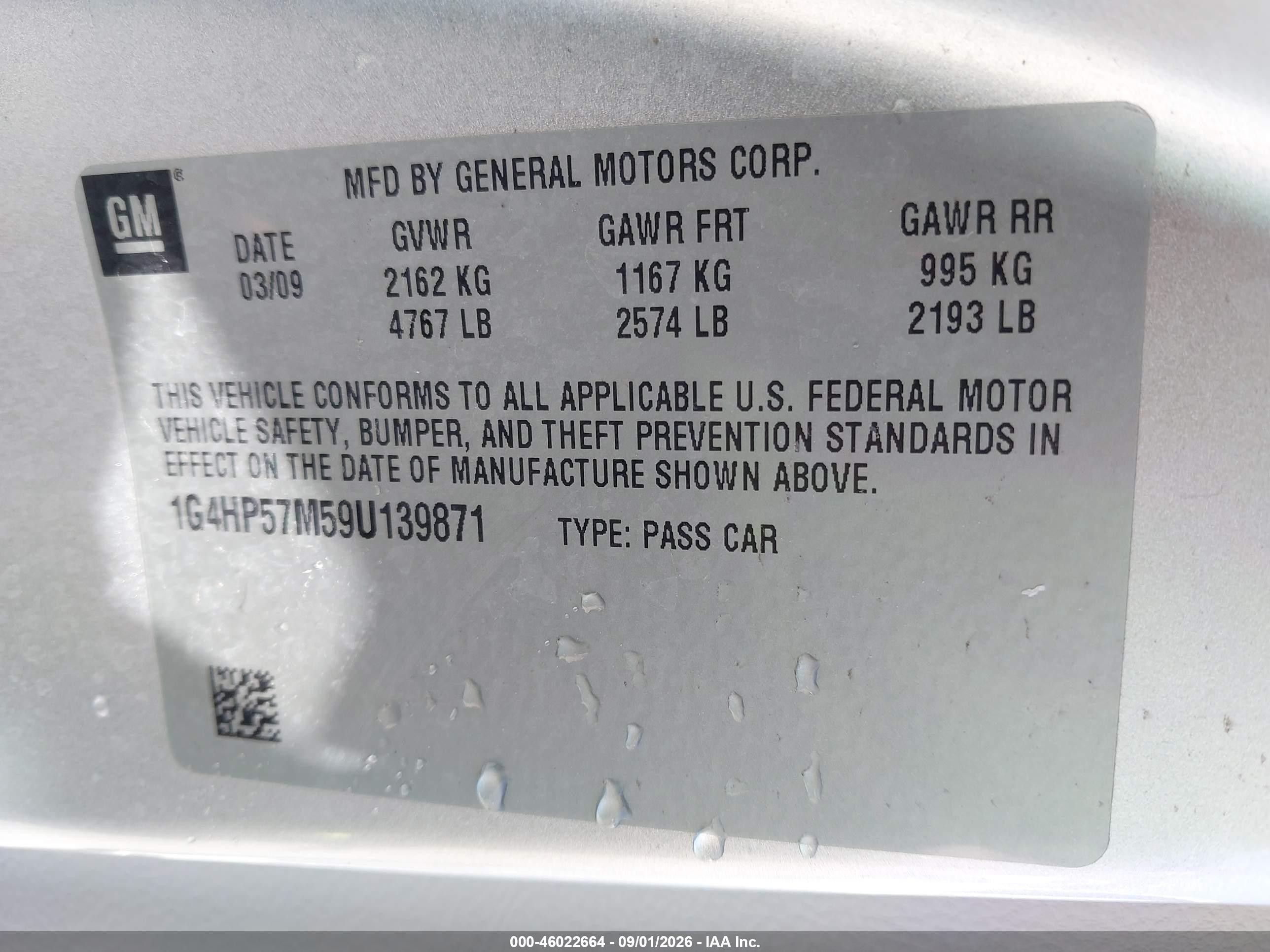 2009 Buick Lucerne VIN 1G4HP57M59U139871 IAAI salvage auction — Side, Clear - Dealer Only (California), sold $450 on 2026-09-10 (photo 9)