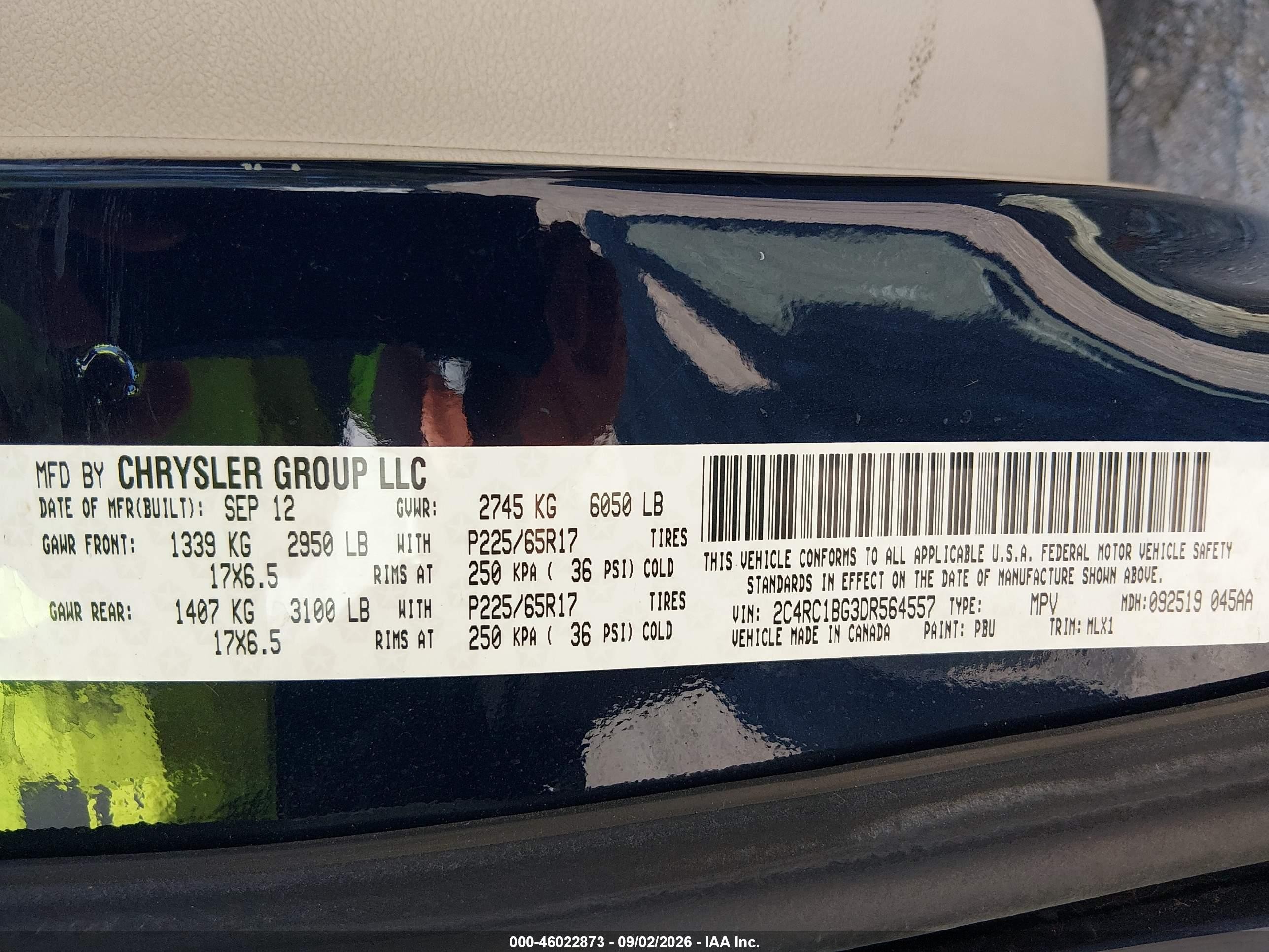 2013 Chrysler Town & country VIN 2C4RC1BG3DR564557 IAAI salvage auction — Front End, Clear (Indiana), sold $1,050 on 2026-09-26 (photo 9)