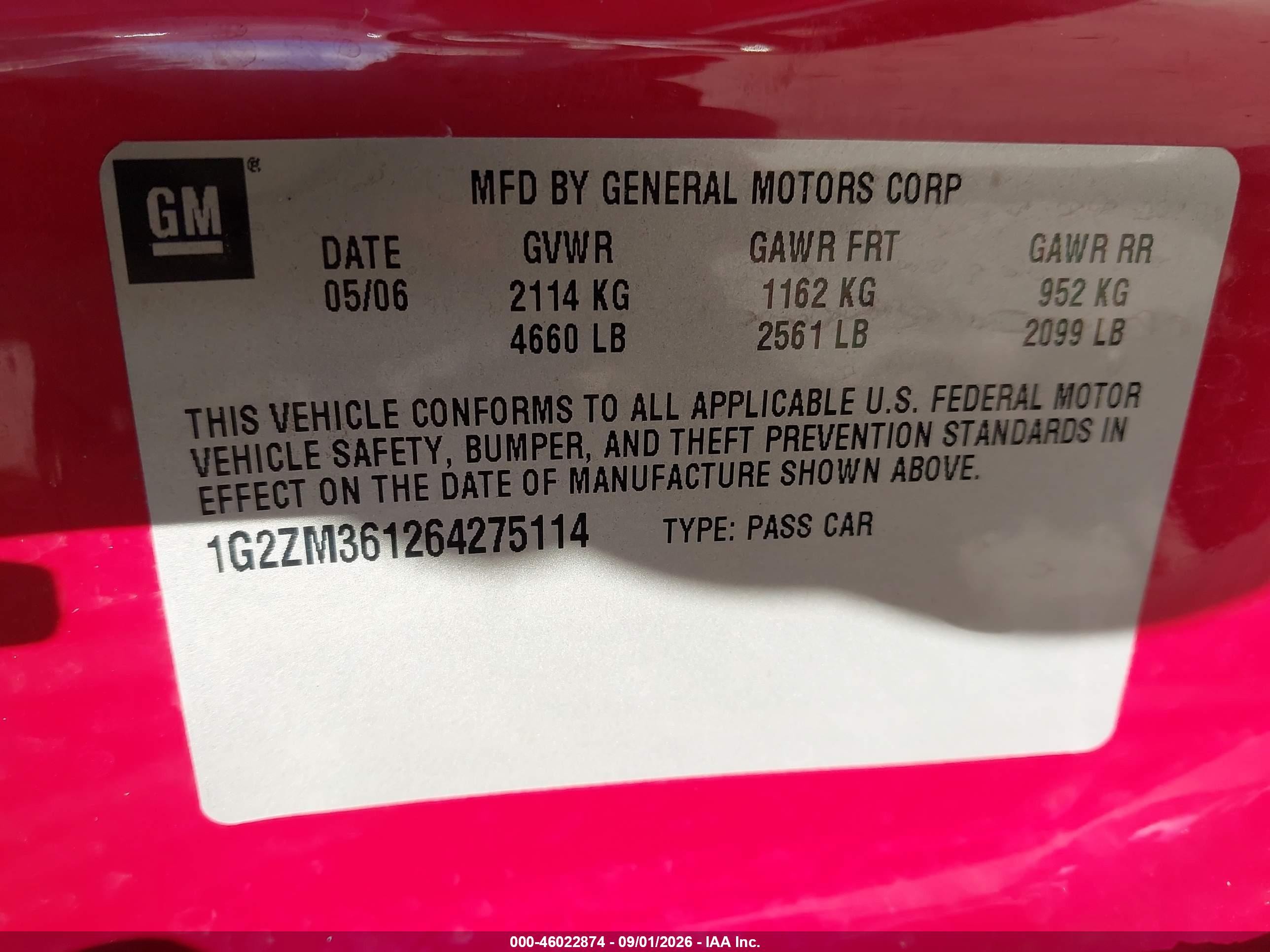 2006 Pontiac G6 VIN 1G2ZM361264275114 IAAI salvage auction — Normal Wear, Clear (Florida), sold $725 on 2026-09-18 (photo 9)