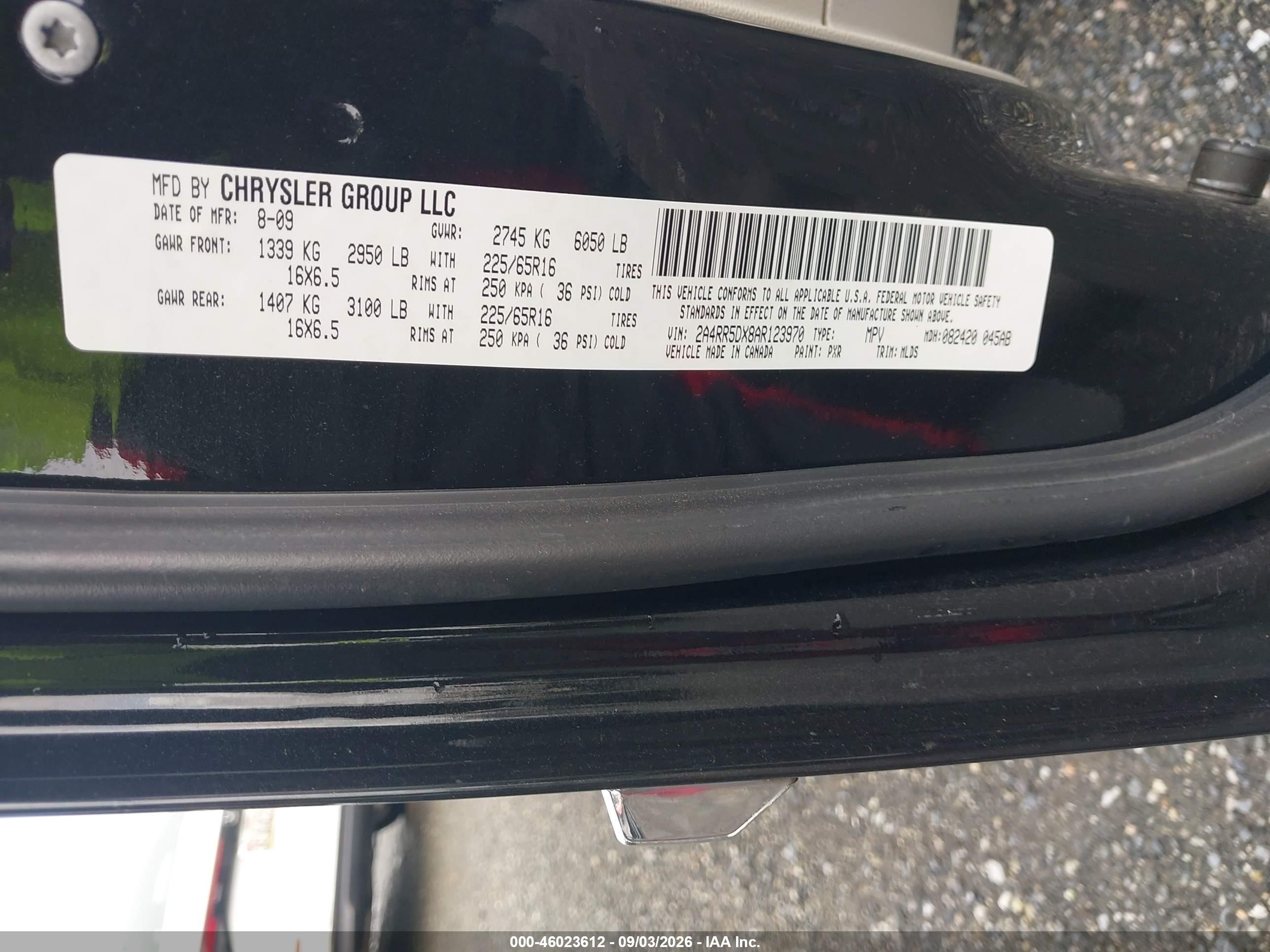 2010 Chrysler Town & country VIN 2A4RR5DX8AR123970 IAAI salvage auction — Front End, Salvage - Greater Than 75% (Maryland), sold $975 on 2026-10-02 (photo 9)