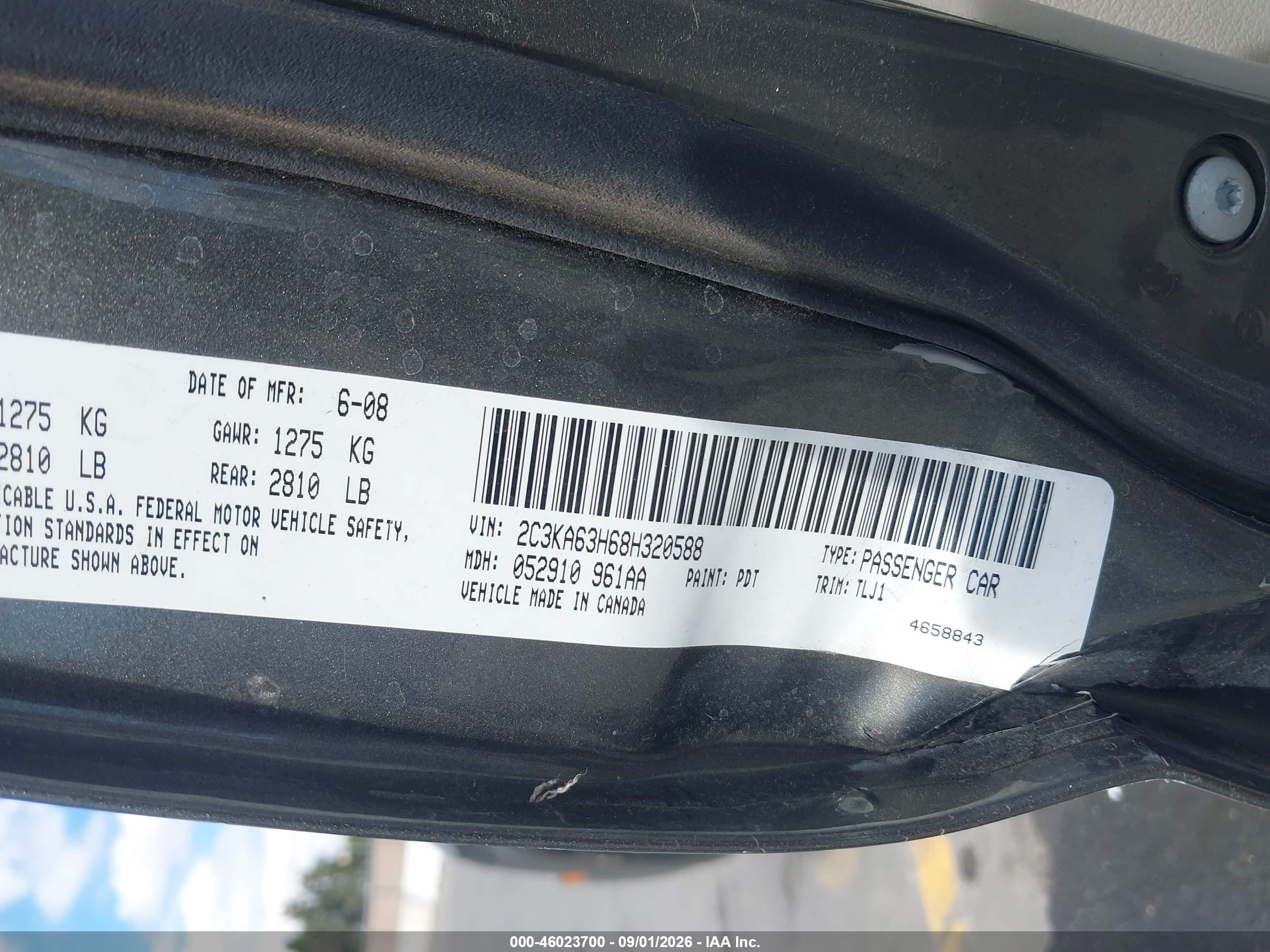 2008 Chrysler 300 VIN 2C3KA63H68H320588 IAAI salvage auction — Rear End, Salvage (California), sold $700 on 2026-09-14 (photo 9)