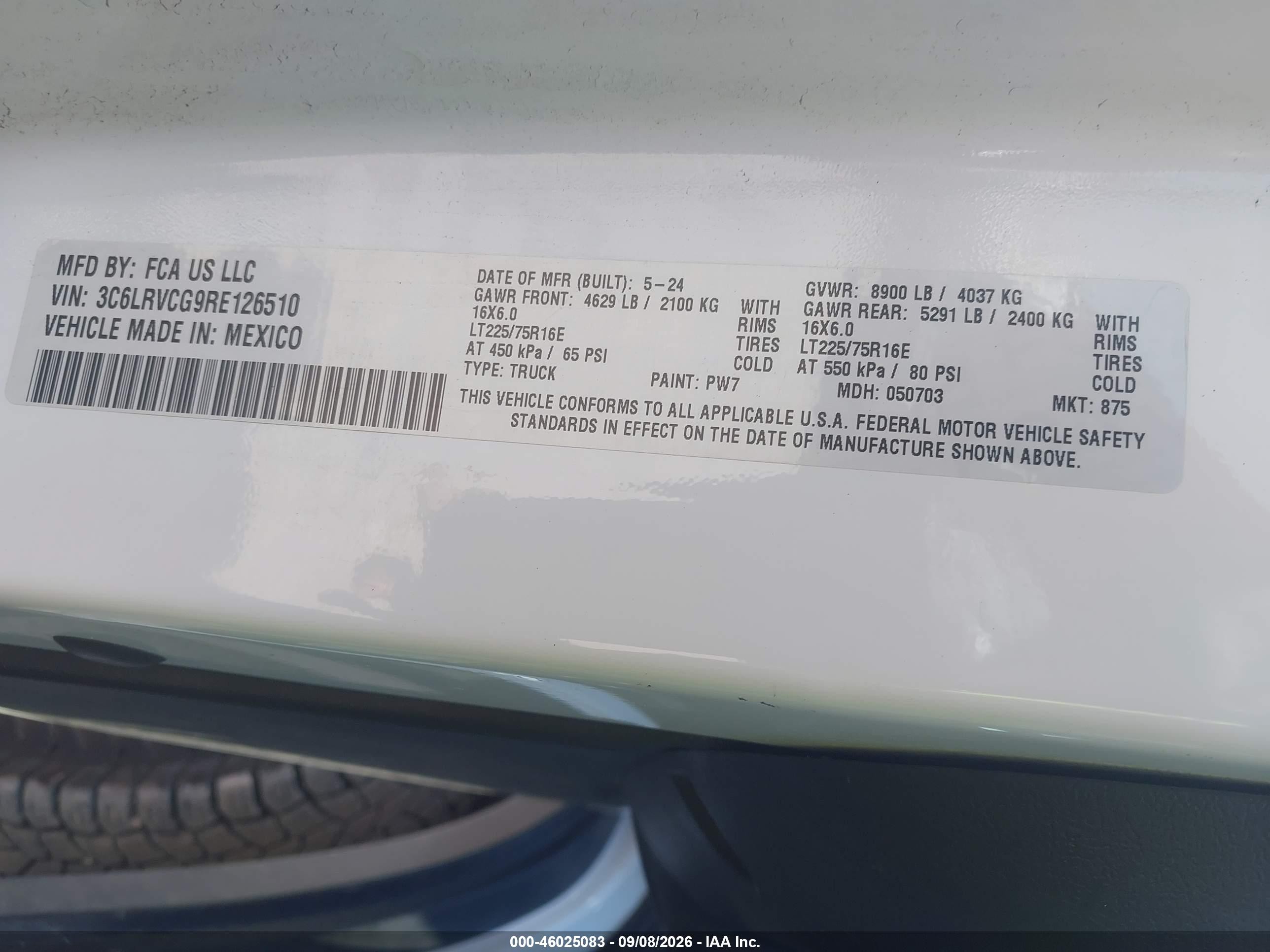 2024 Ram ProMaster 2500 VIN 3C6LRVCG9RE126510 IAAI salvage auction — Side, Enterprise Vehicles Clear Only (Oklahoma), sold $16,700 on 2026-09-11 (photo 9)