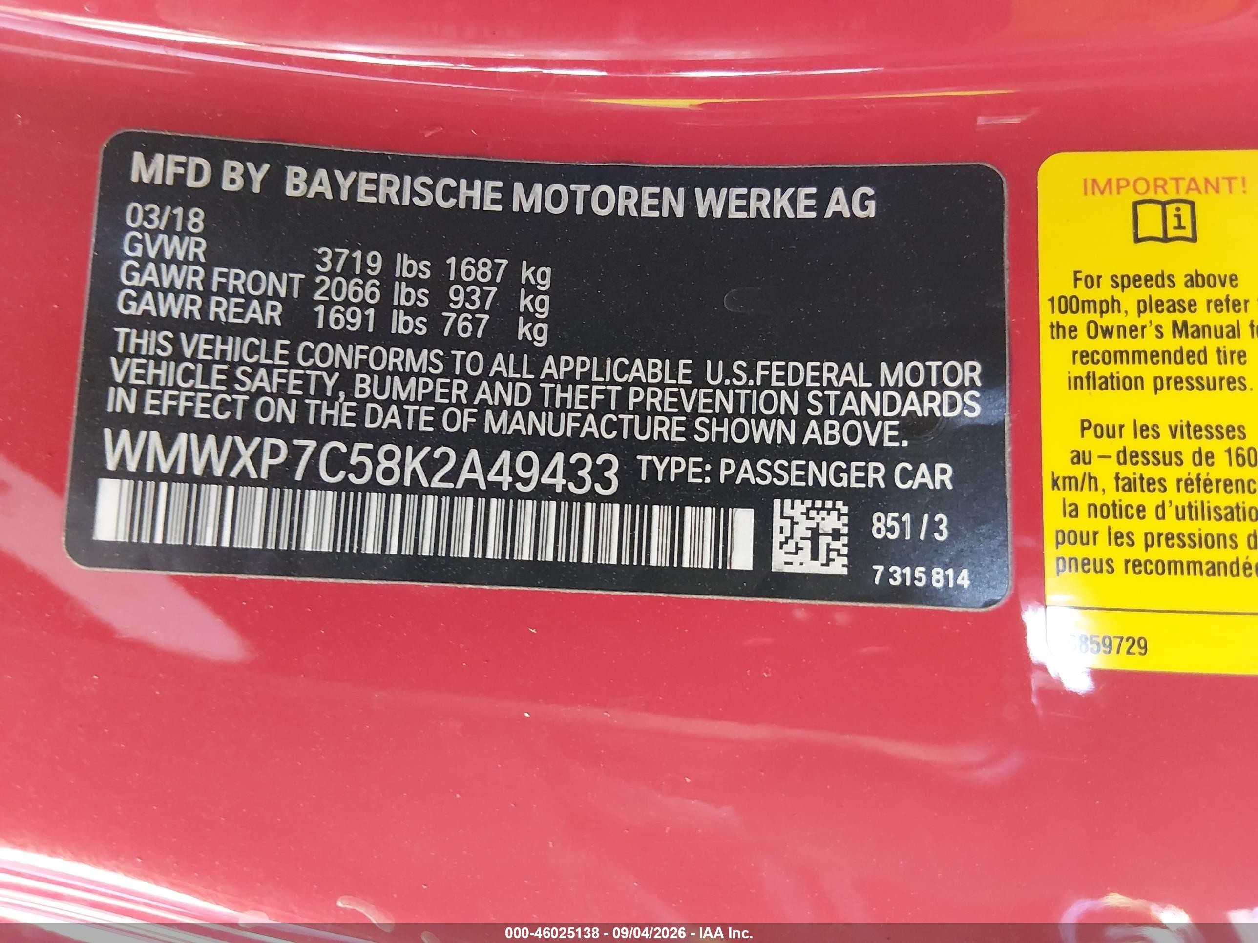 2019 Mini Hardtop VIN WMWXP7C58K2A49433 IAAI salvage auction — Unknown, Salvage (California), sold $3,400 on 2026-10-06 (photo 9)