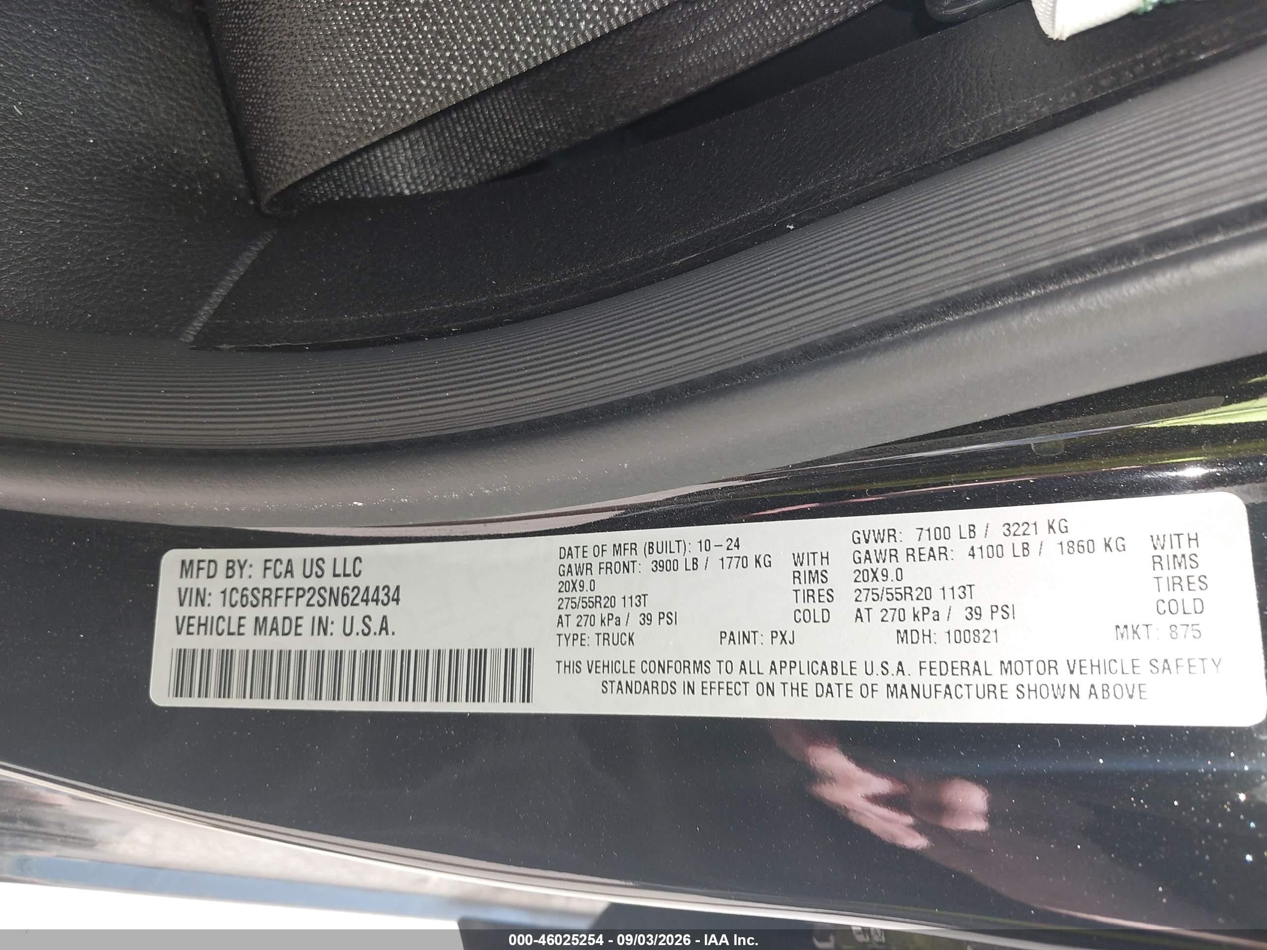 2025 Ram 1500 VIN 1C6SRFFP2SN624434 IAAI salvage auction — Unknown, Non-Repairable (Texas), sold $8,800 on 2026-09-24 (photo 9)