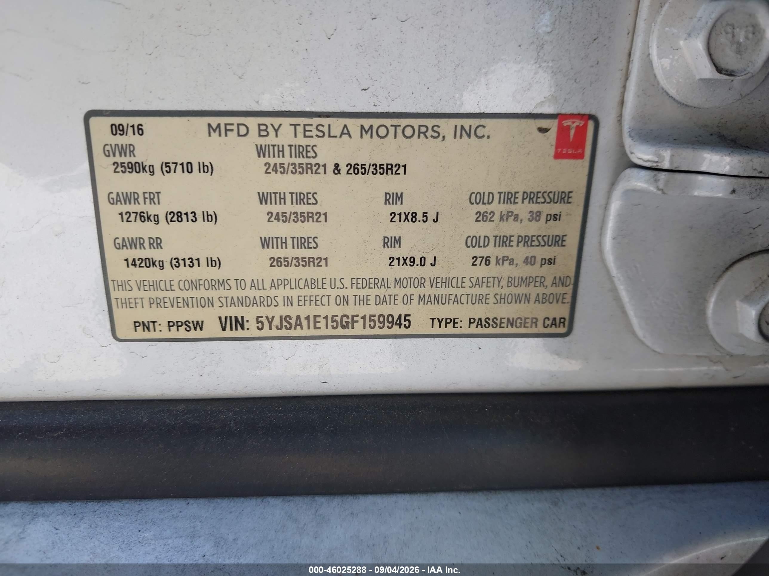2016 Tesla Model s VIN 5YJSA1E15GF159945 IAAI salvage auction — Front End, Wait Title, sold $2,300 on 2026-09-20 (photo 9)