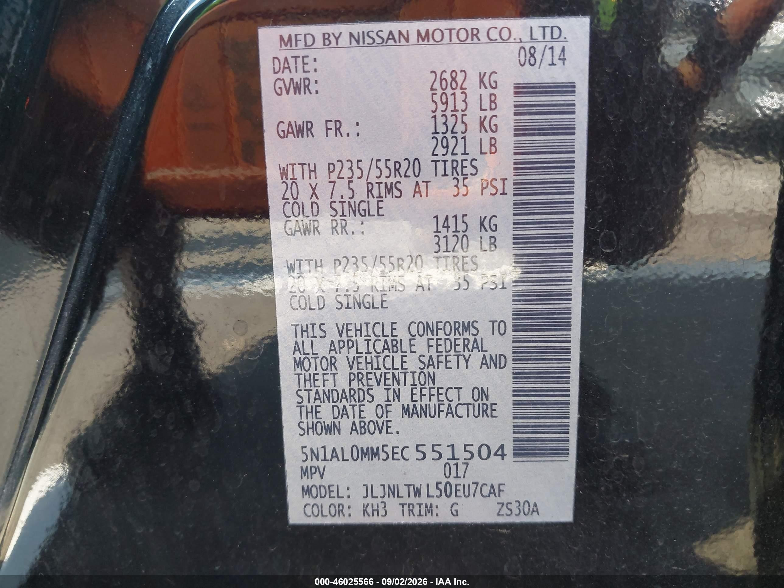 2014 Infiniti Qx60 VIN 5N1AL0MM5EC551504 IAAI salvage auction — Unknown, Clear (Tennessee), sold $800 on 2026-09-11 (photo 9)