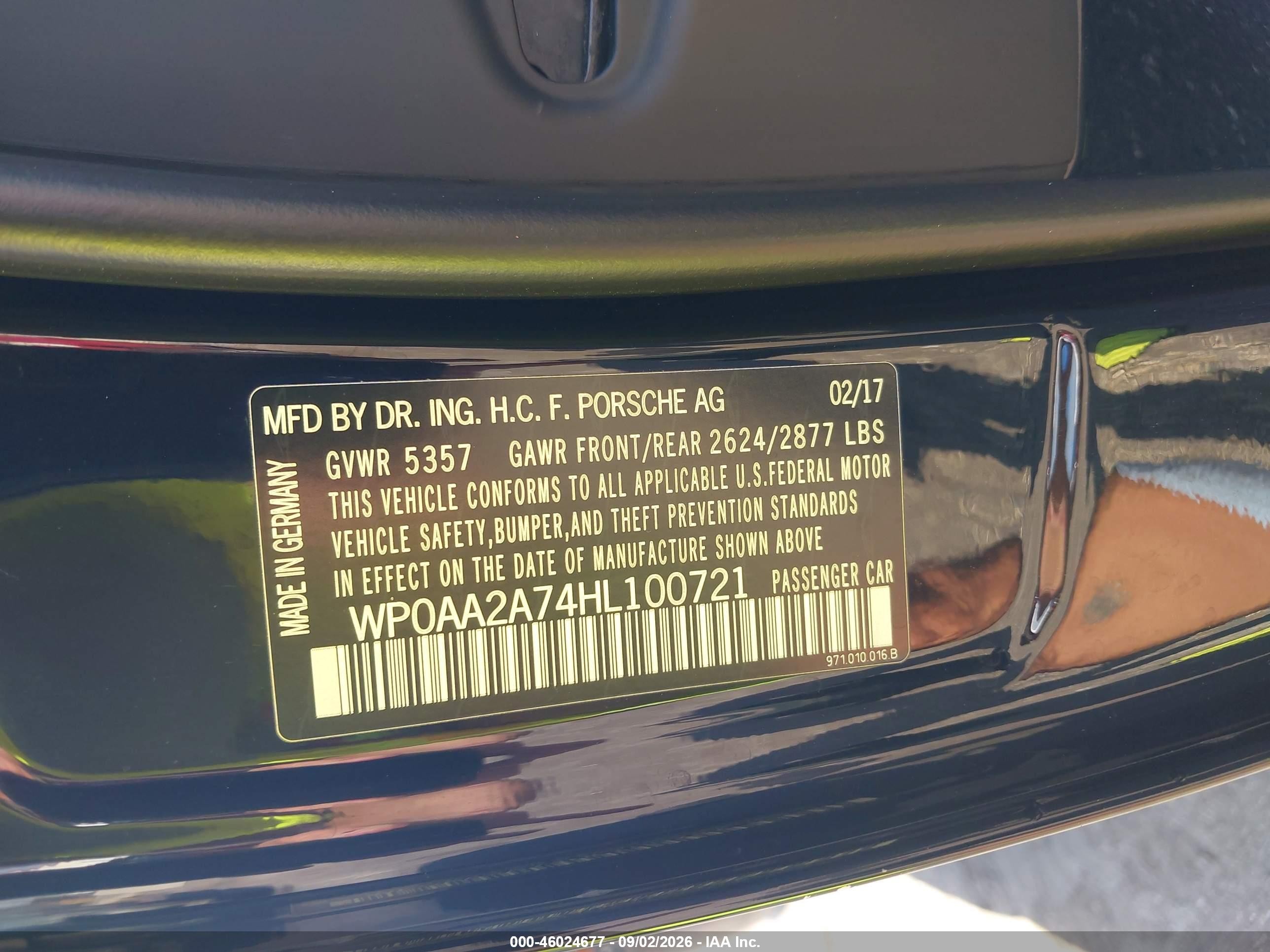 2017 Porsche Panamera VIN WP0AA2A74HL100721 IAAI salvage auction — Side, Rebuildable (Florida), sold $8,600 on 2026-10-06 (photo 9)