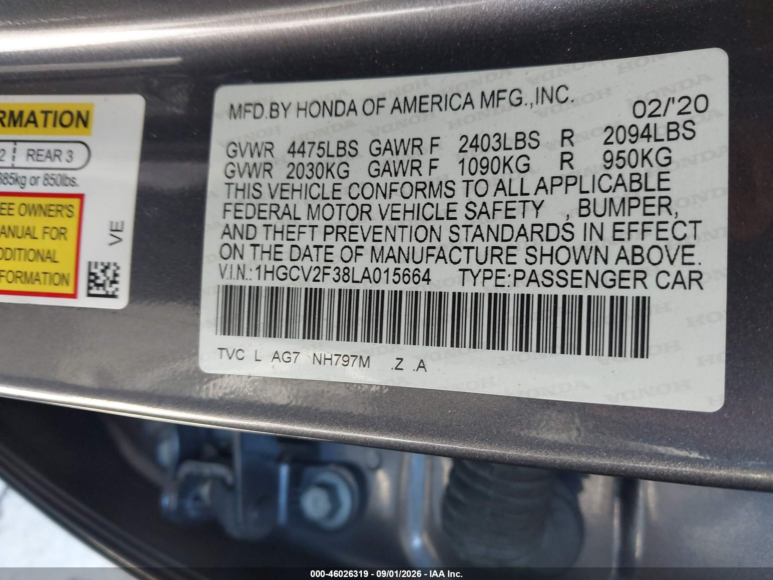 2020 Honda Accord VIN 1HGCV2F38LA015664 IAAI salvage auction — Front End, Salvage (California), sold $5,600 on 2026-09-11 (photo 9)