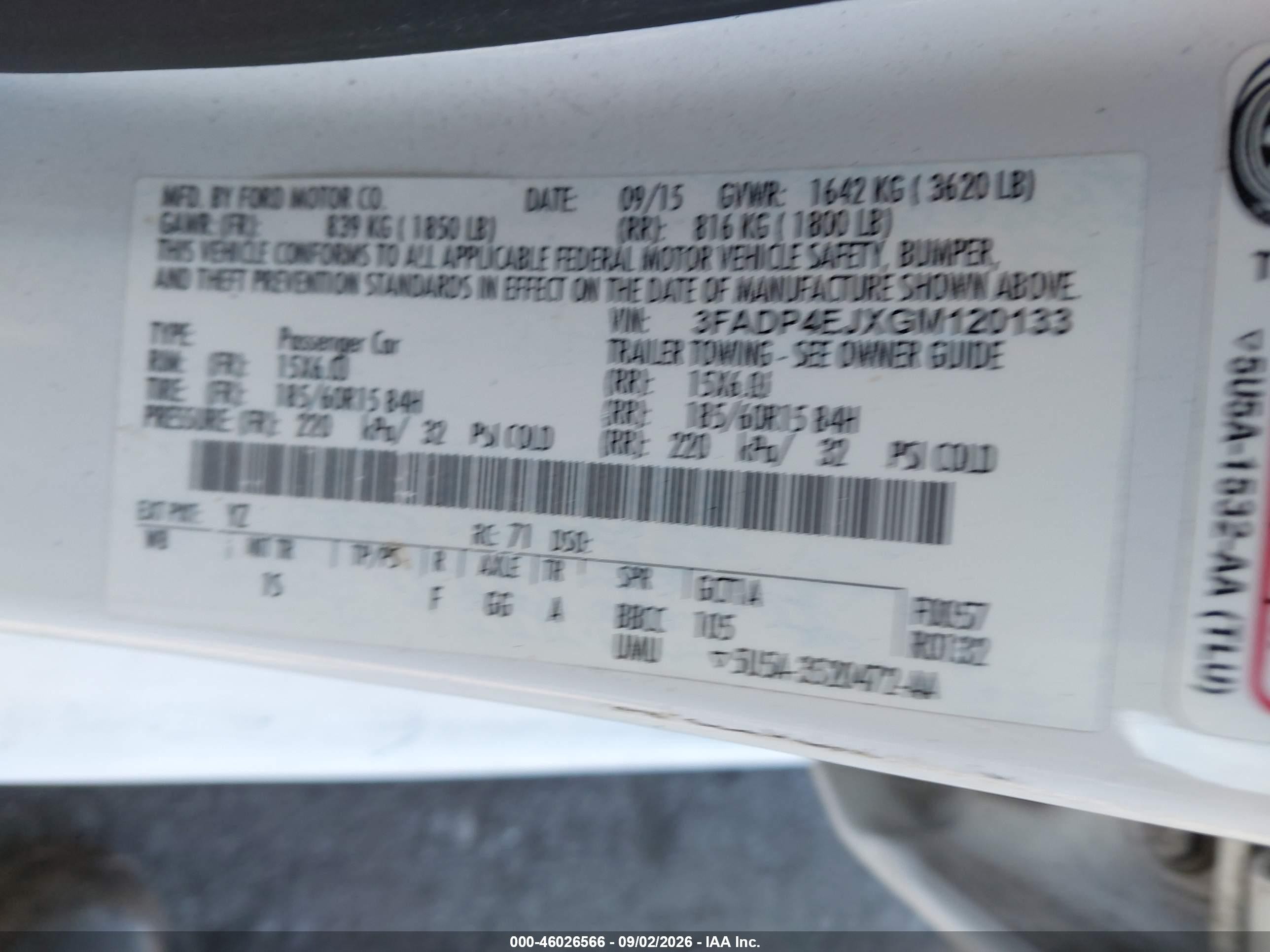 2016 Ford Fiesta VIN 3FADP4EJXGM120133 IAAI salvage auction — Rear End, Salvage Certificate (California), sold $650 on 2026-09-13 (photo 9)