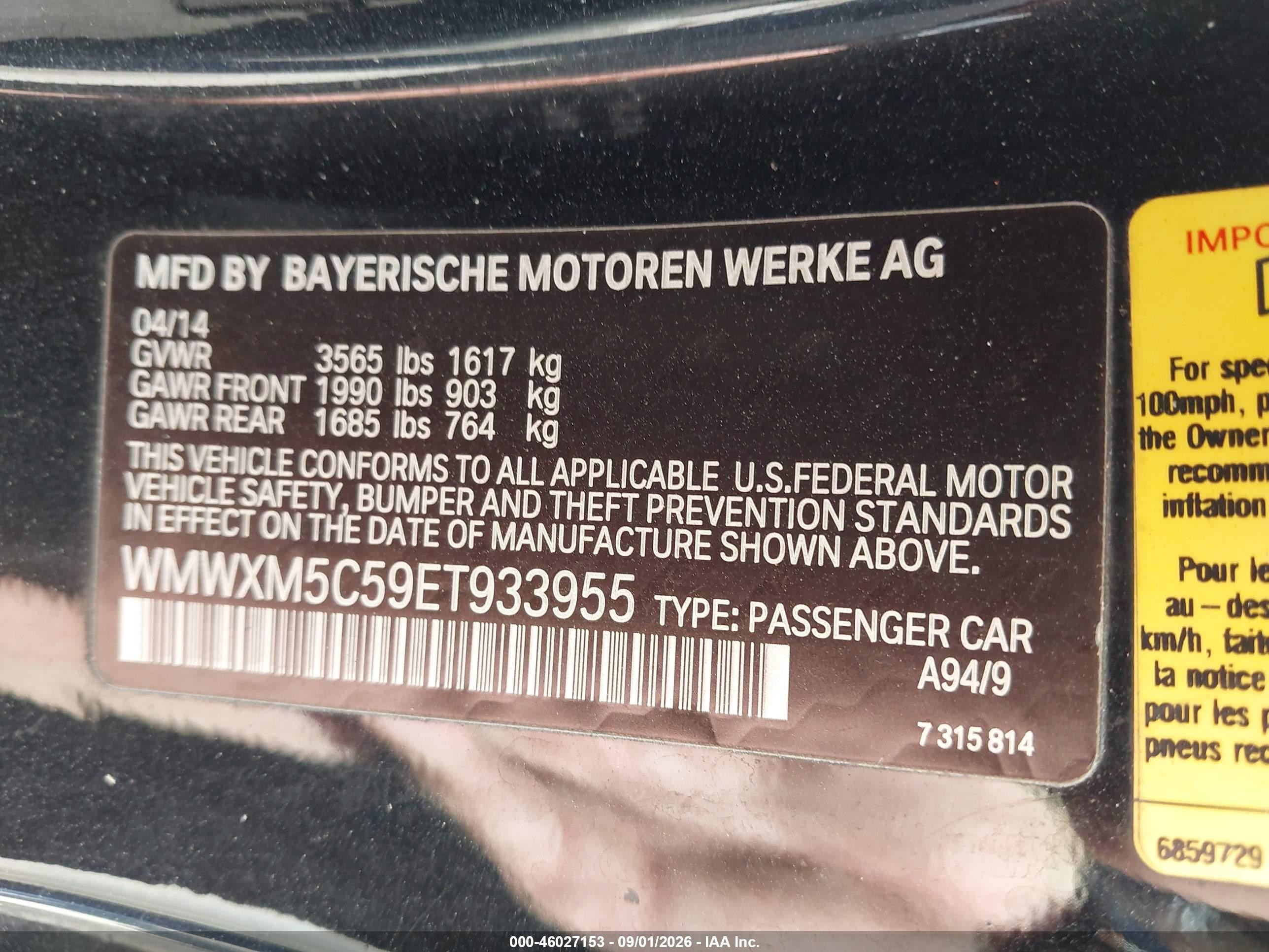 2014 Mini Hardtop VIN WMWXM5C59ET933955 IAAI salvage auction — Unknown, Salvage (Georgia), sold $950 on 2026-10-06 (photo 9)