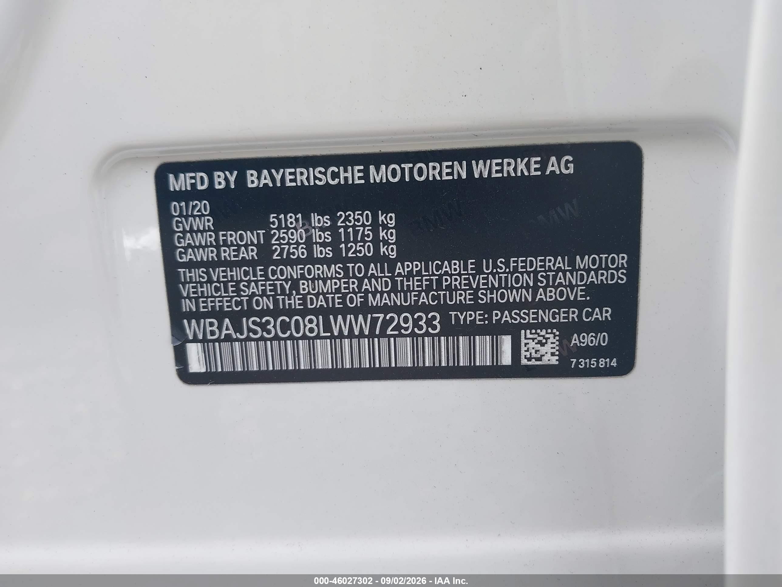 2020 BMW 5 series VIN WBAJS3C08LWW72933 IAAI salvage auction — Front End, Mv-907A (New York), sold $17,250 on 2026-10-08 (photo 9)