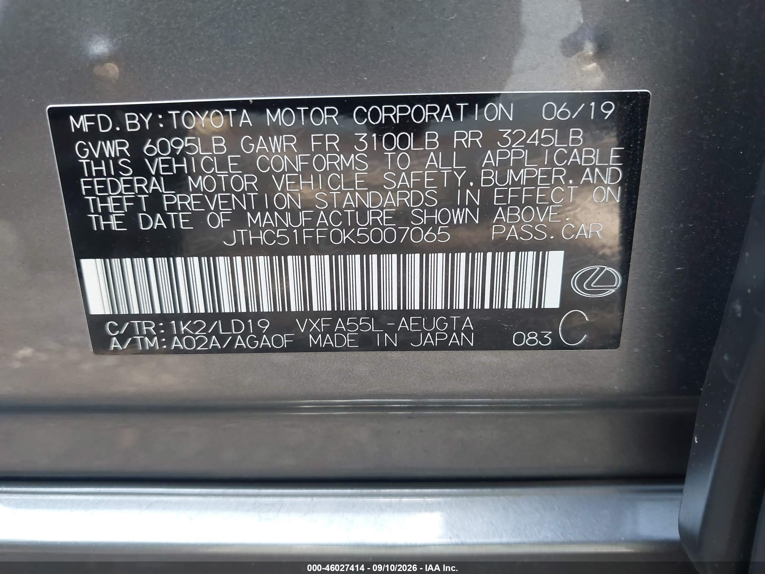 2019 Lexus Ls VIN JTHC51FF0K5007065 IAAI salvage auction — Front End, Mv-907A (New York), sold $8,700 on 2026-09-25 (photo 9)