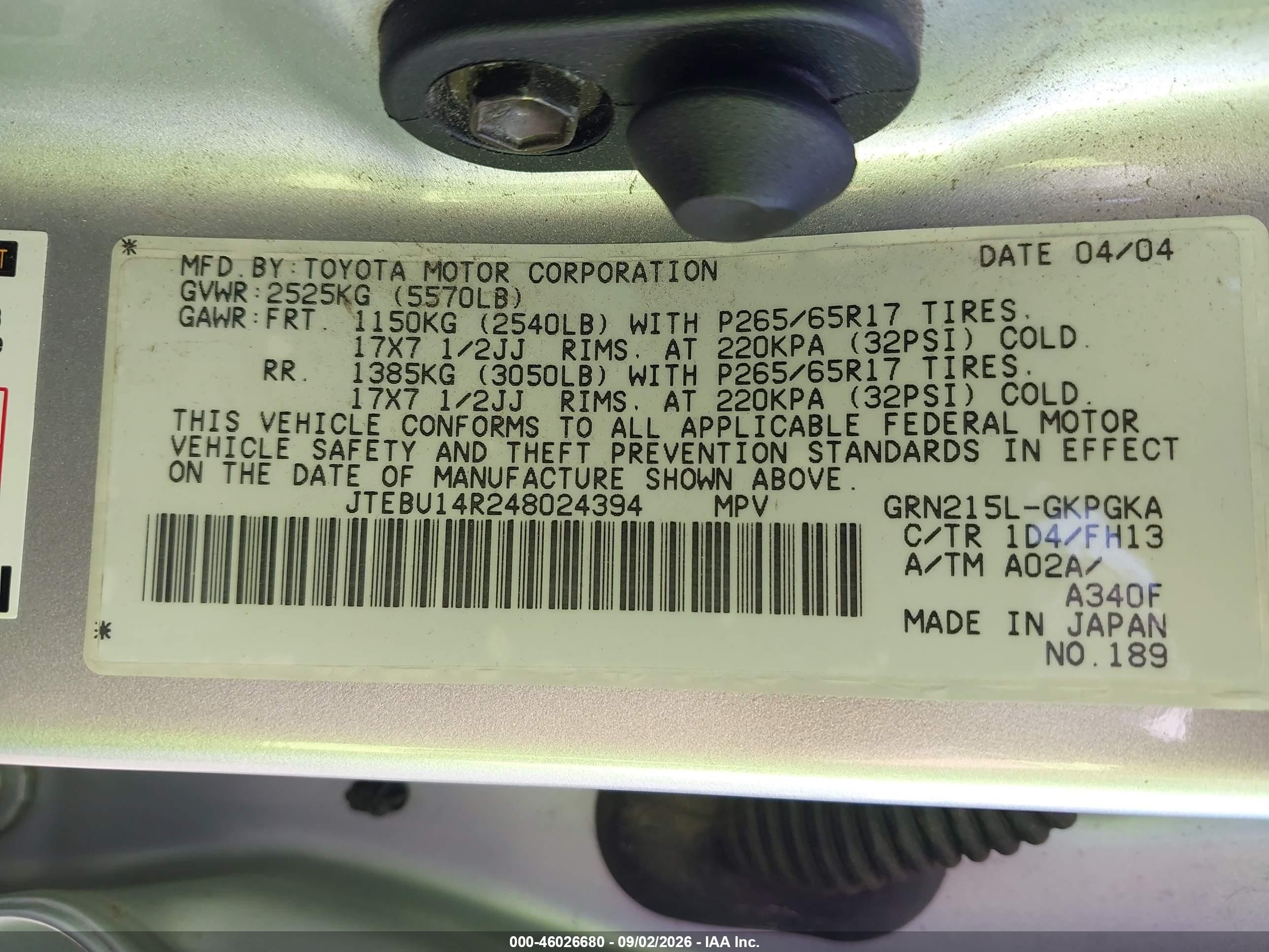 2004 Toyota 4Runner VIN JTEBU14R248024394 IAAI salvage auction — Front End, Salvage Certificate (California), sold $2,000 on 2026-09-13 (photo 9)
