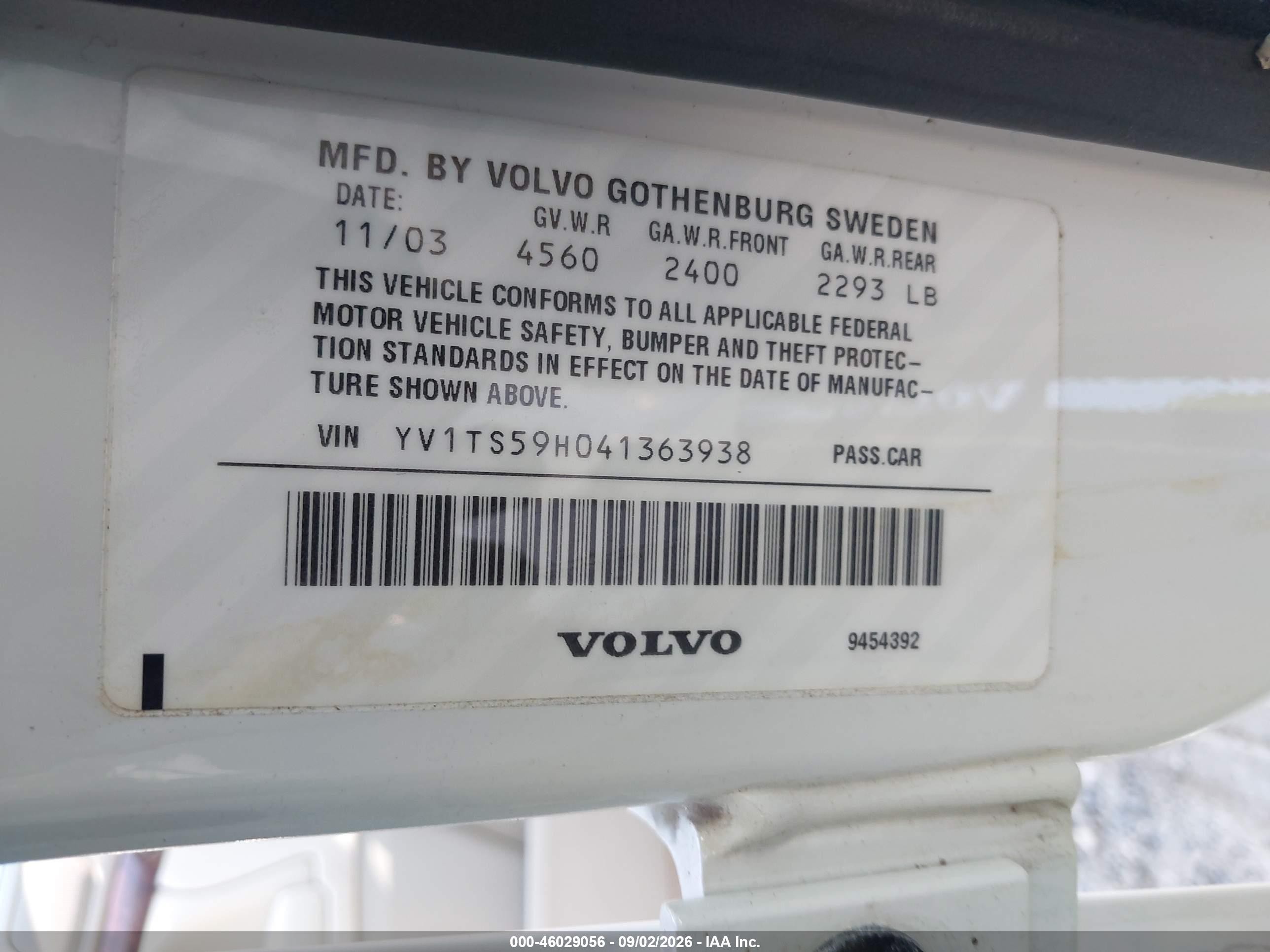 2004 Volvo S80 VIN YV1TS59H041363938 IAAI salvage auction — Front End, Salvage (Georgia), sold $775 on 2026-10-03 (photo 9)
