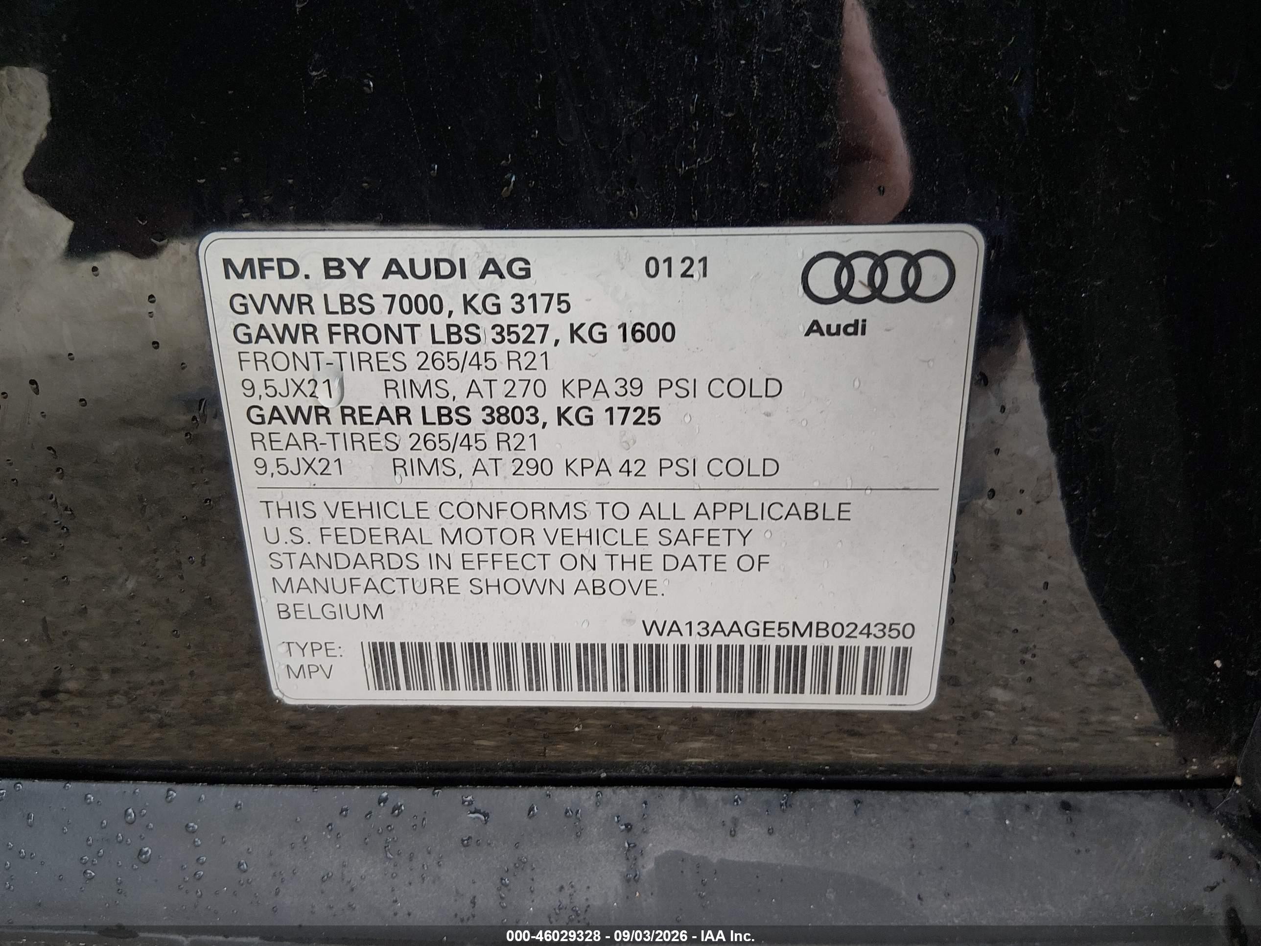 2021 Audi E-tron sportback VIN WA13AAGE5MB024350 IAAI salvage auction — Rear End, Certificate Of Destruction (Florida), sold $18,600 on 2026-10-07 (photo 9)