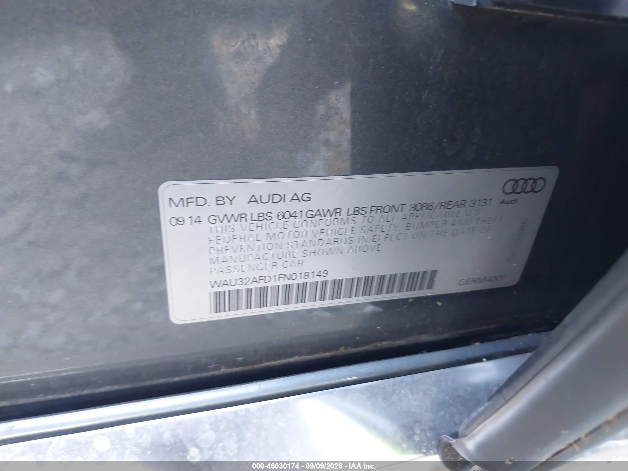 2015 Audi A8 VIN WAU32AFD1FN018149 IAAI salvage auction — Front End, Salvage (Georgia), sold $3,300 on 2026-10-06 (photo 9)