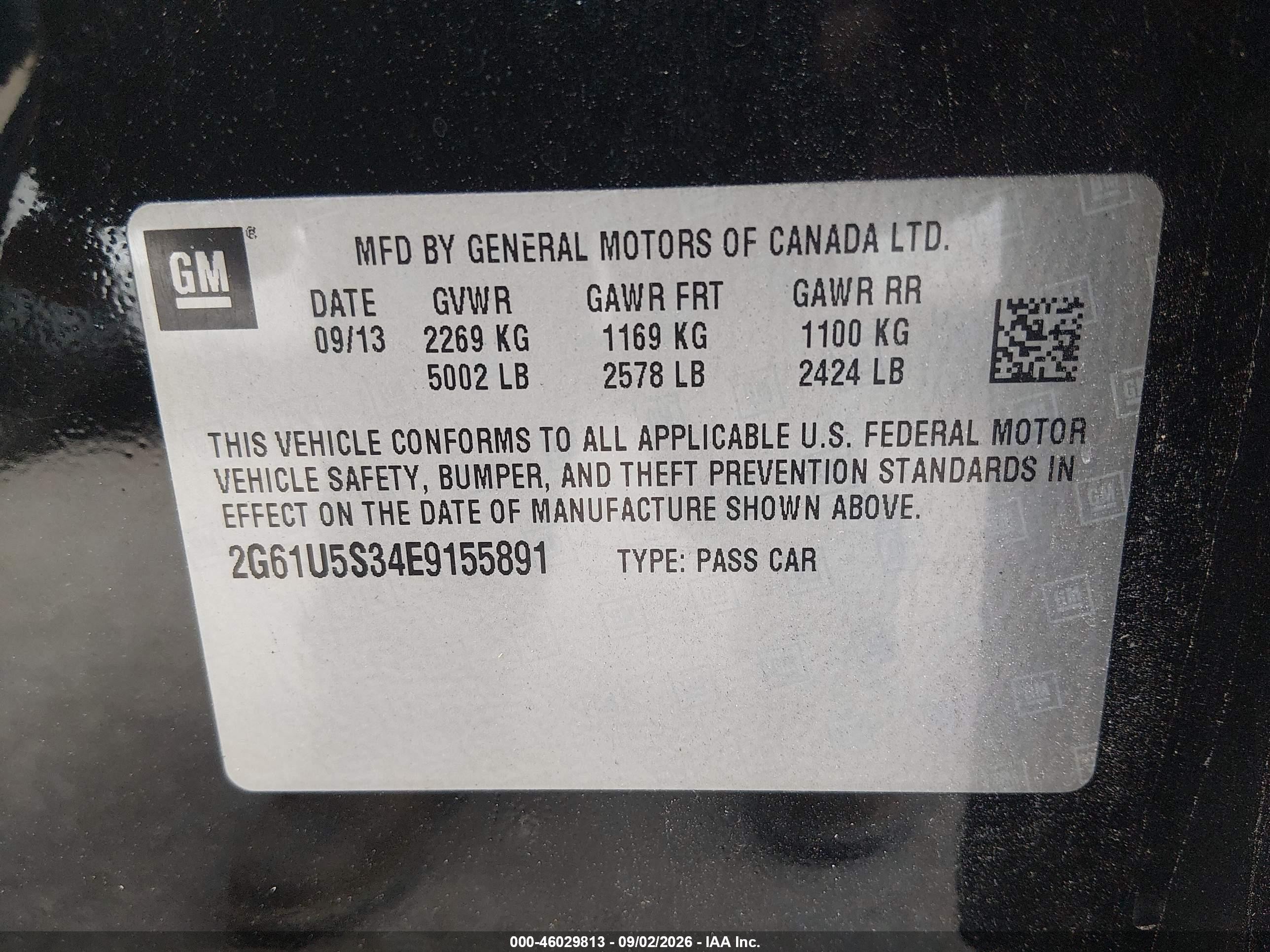 2014 Cadillac Xts VIN 2G61U5S34E9155891 IAAI salvage auction — Rear End, Salvage (Louisiana), sold $600 on 2026-09-13 (photo 9)