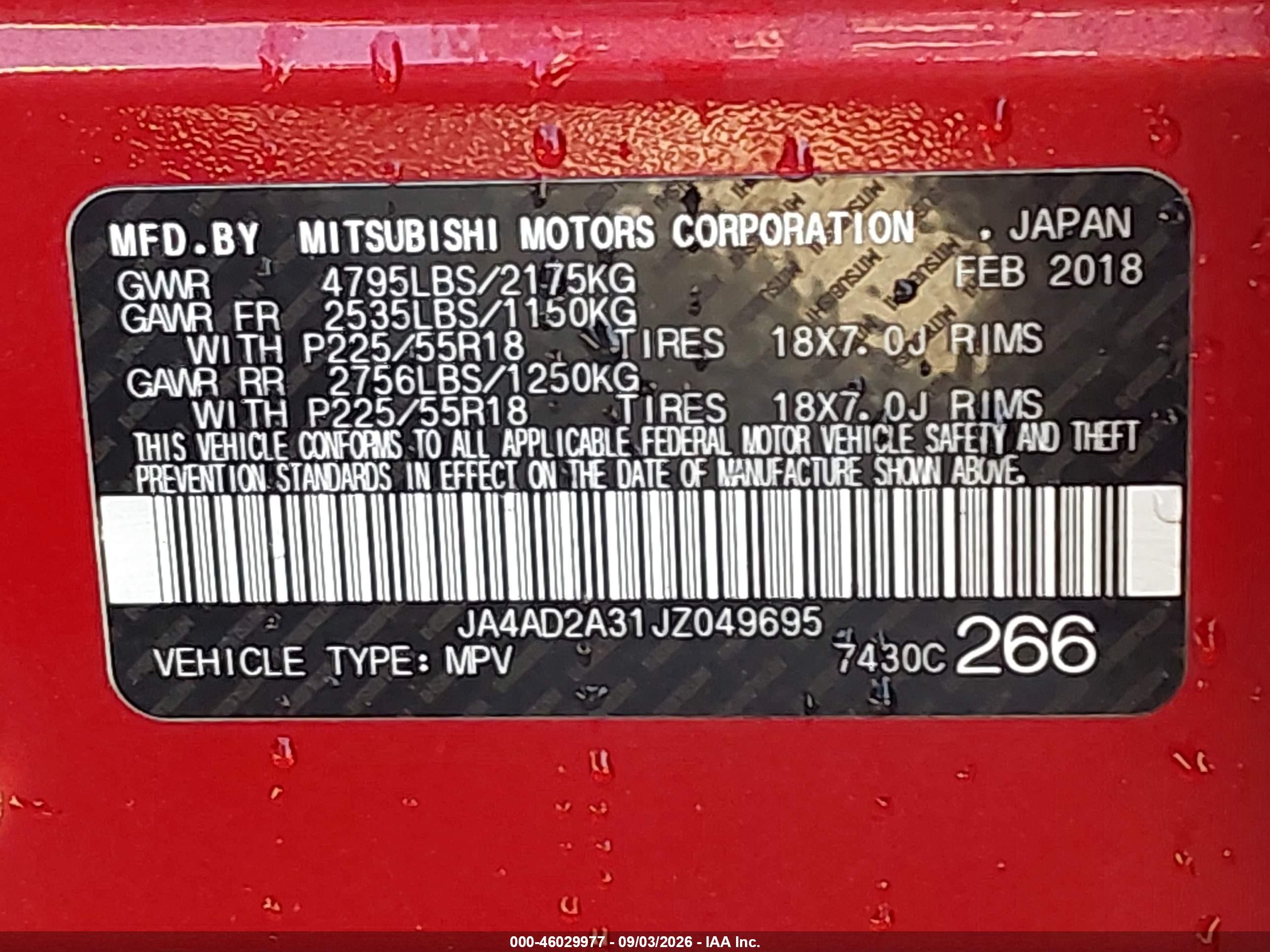 2018 Mitsubishi Outlander VIN JA4AD2A31JZ049695 IAAI salvage auction — Front End, Salvage (California), sold $875 on 2026-09-12 (photo 9)