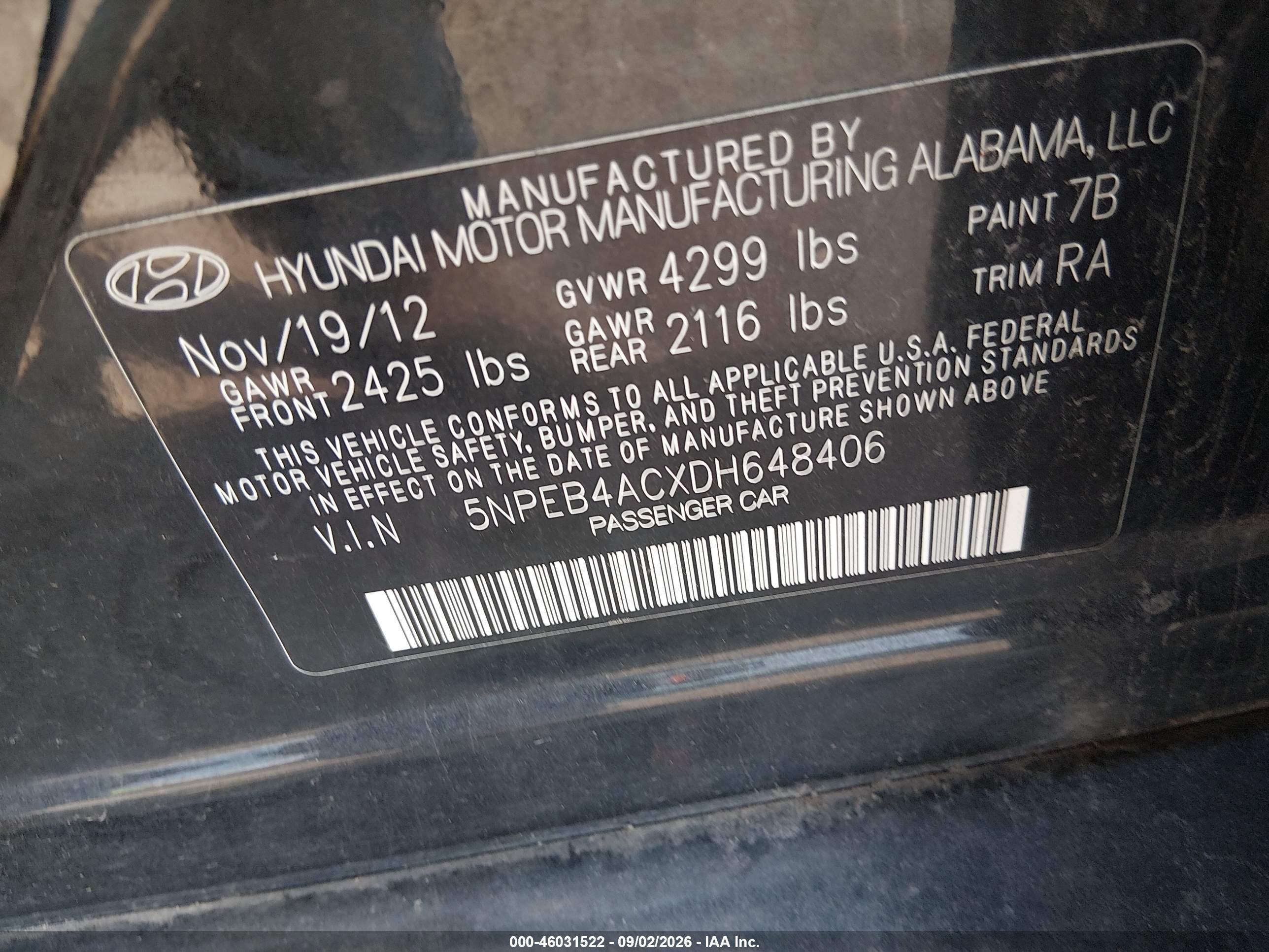 2013 Hyundai Sonata VIN 5NPEB4ACXDH648406 IAAI salvage auction — Unknown, Clear (Michigan), sold $425 on 2026-09-17 (photo 9)