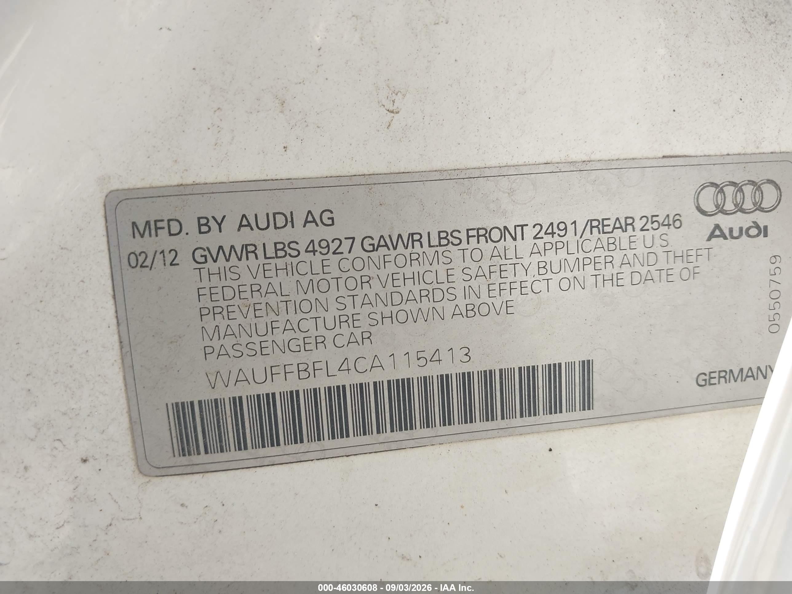 2012 Audi A4 VIN WAUFFBFL4CA115413 IAAI salvage auction — Normal Wear, Clear (Indiana), sold $600 on 2026-09-09 (photo 9)