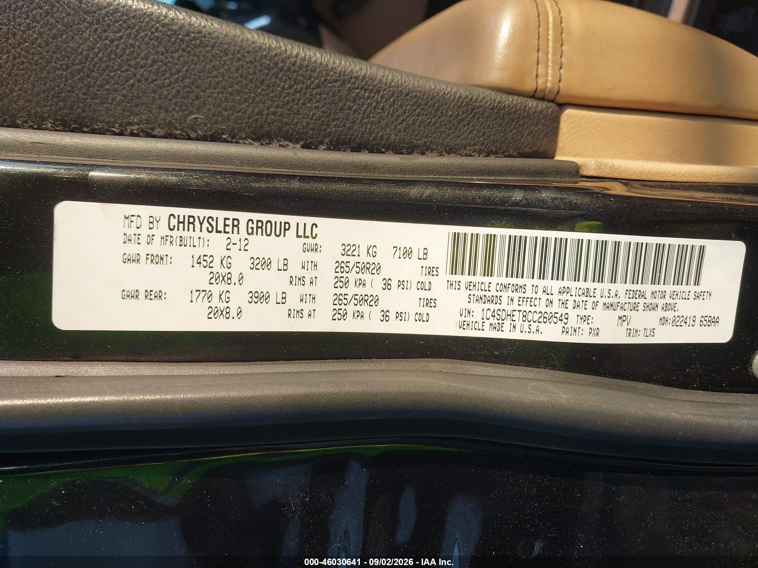 2012 Dodge Durango VIN 1C4SDHET8CC260549 IAAI salvage auction — Normal Wear, Clear (North Carolina), sold $1,050 on 2026-09-27 (photo 9)