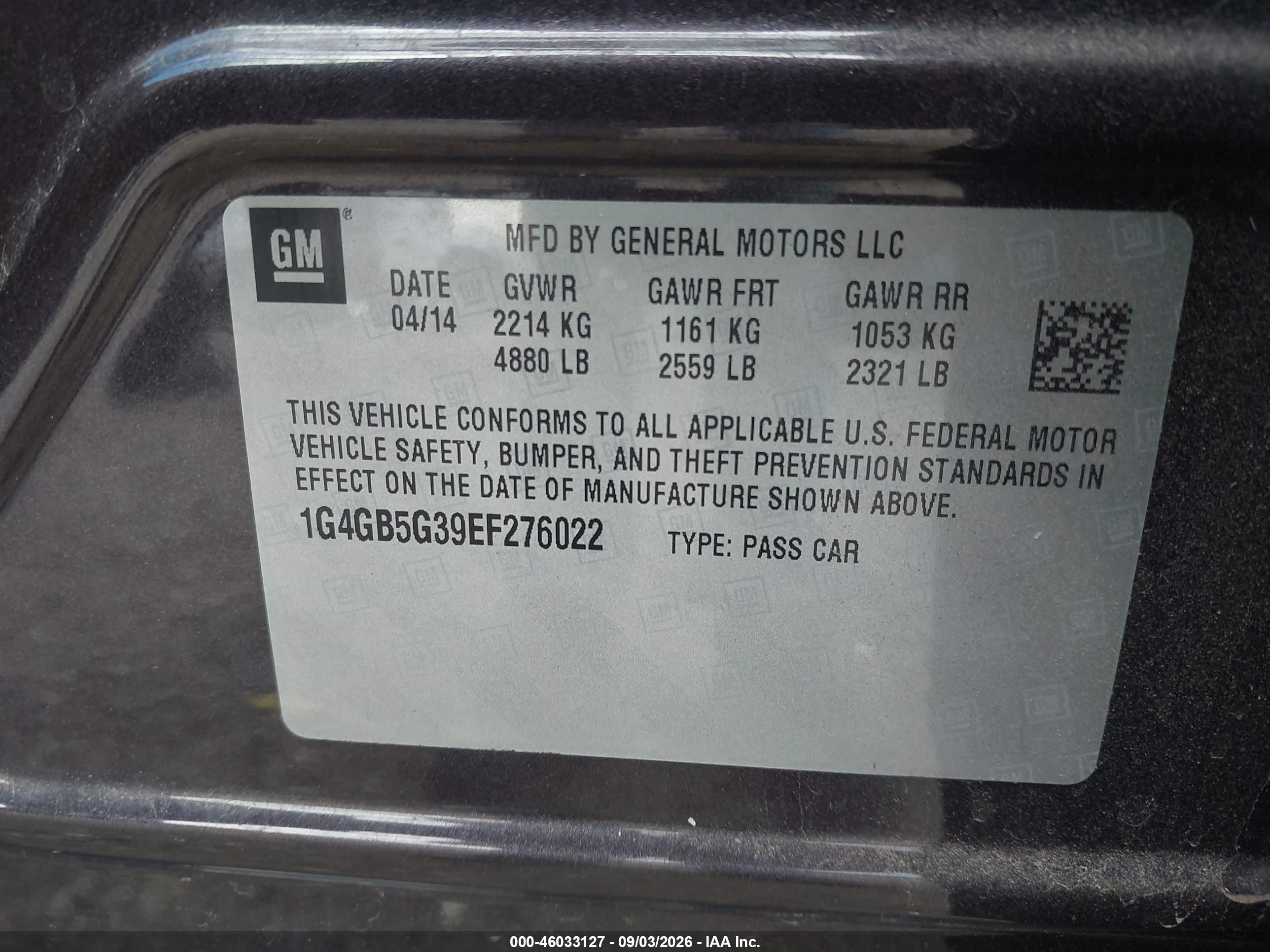 2014 Buick LaCrosse VIN 1G4GB5G39EF276022 IAAI salvage auction — Unknown, Salvage (Louisiana), sold $2,350 on 2026-09-25 (photo 9)