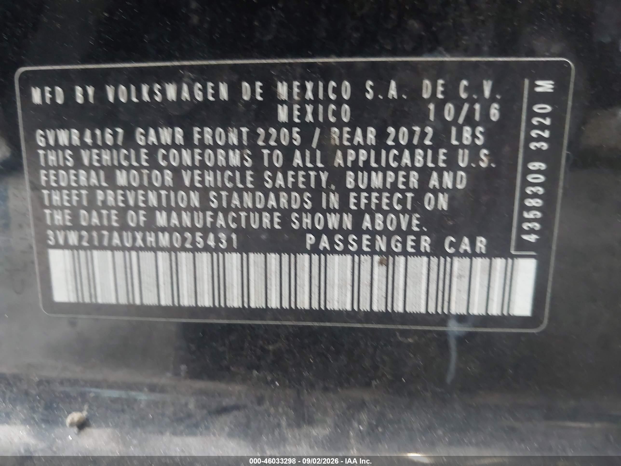 2017 Volkswagen Golf VIN 3VW217AUXHM025431 IAAI salvage auction — Front End, Rebuildable (Florida), sold $1,850 on 2026-09-26 (photo 9)