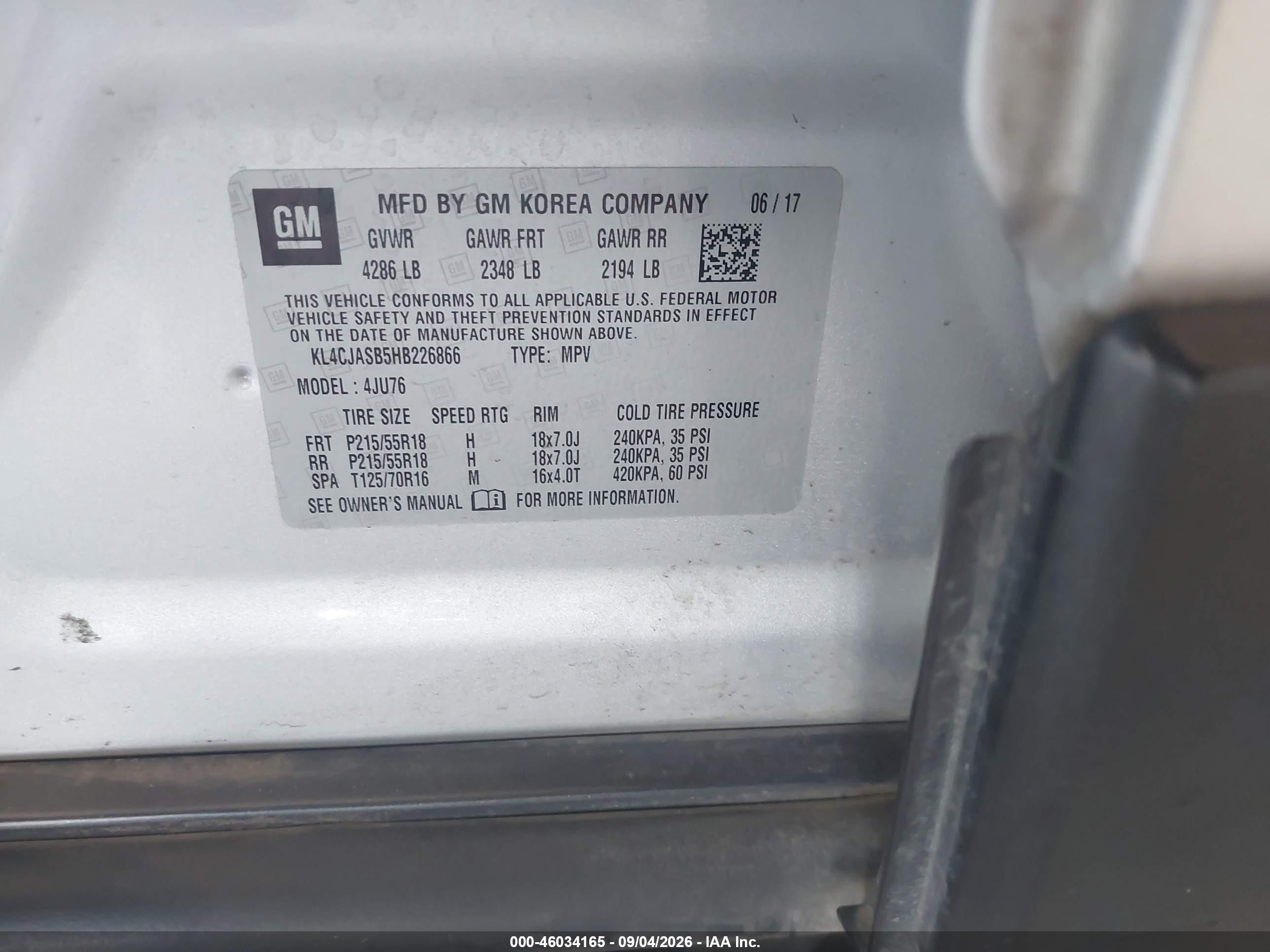 2017 Buick Encore VIN KL4CJASB5HB226866 IAAI salvage auction — Rear End, Clear - Dealer Only (California), sold $1,200 on 2026-09-27 (photo 9)