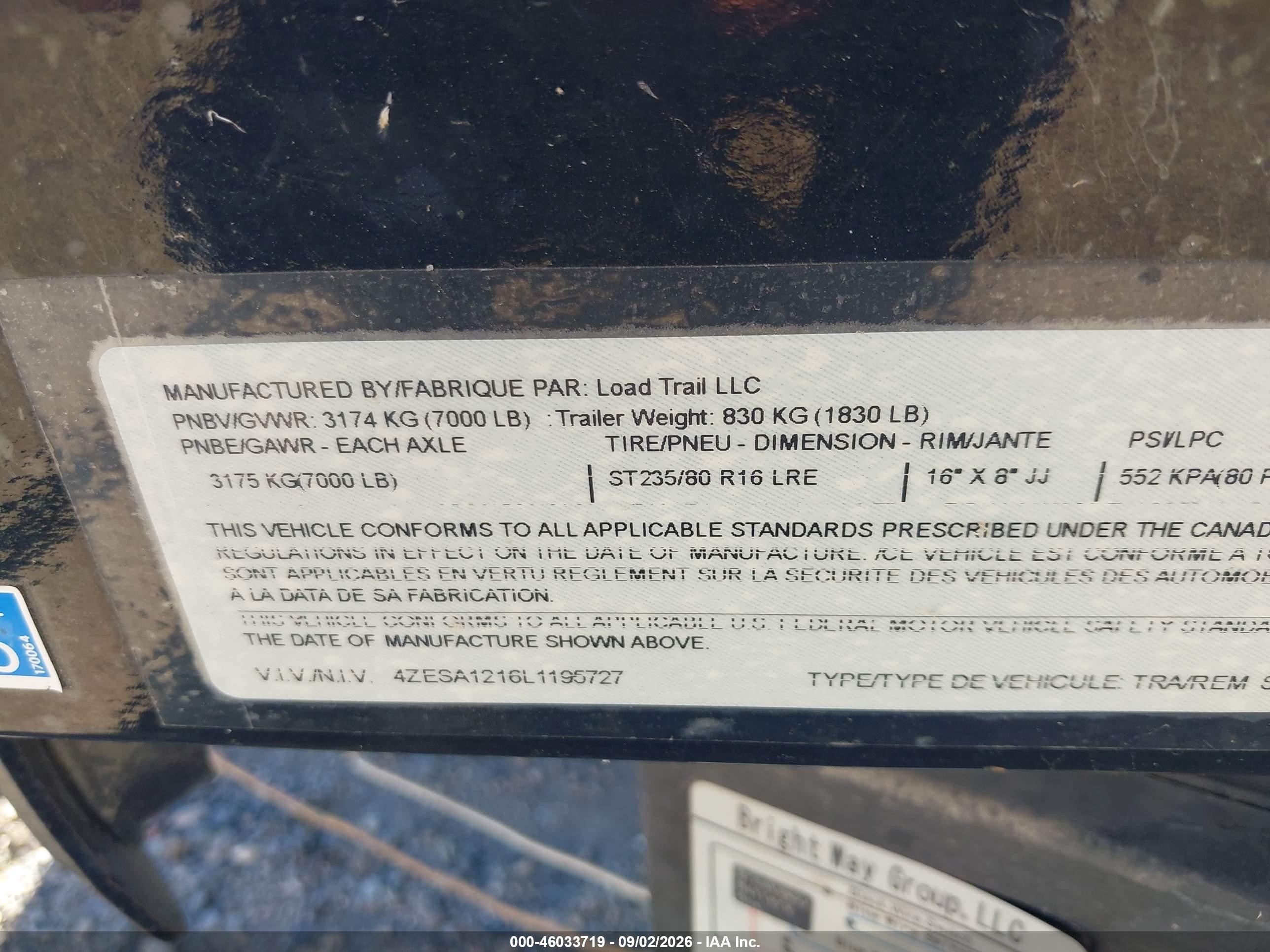 2020 Load Trail Single Axl VIN 4ZESA1216L1195727 IAAI salvage auction — Unknown, Salvage (California), sold $2,550 on 2026-10-01 (photo 9)