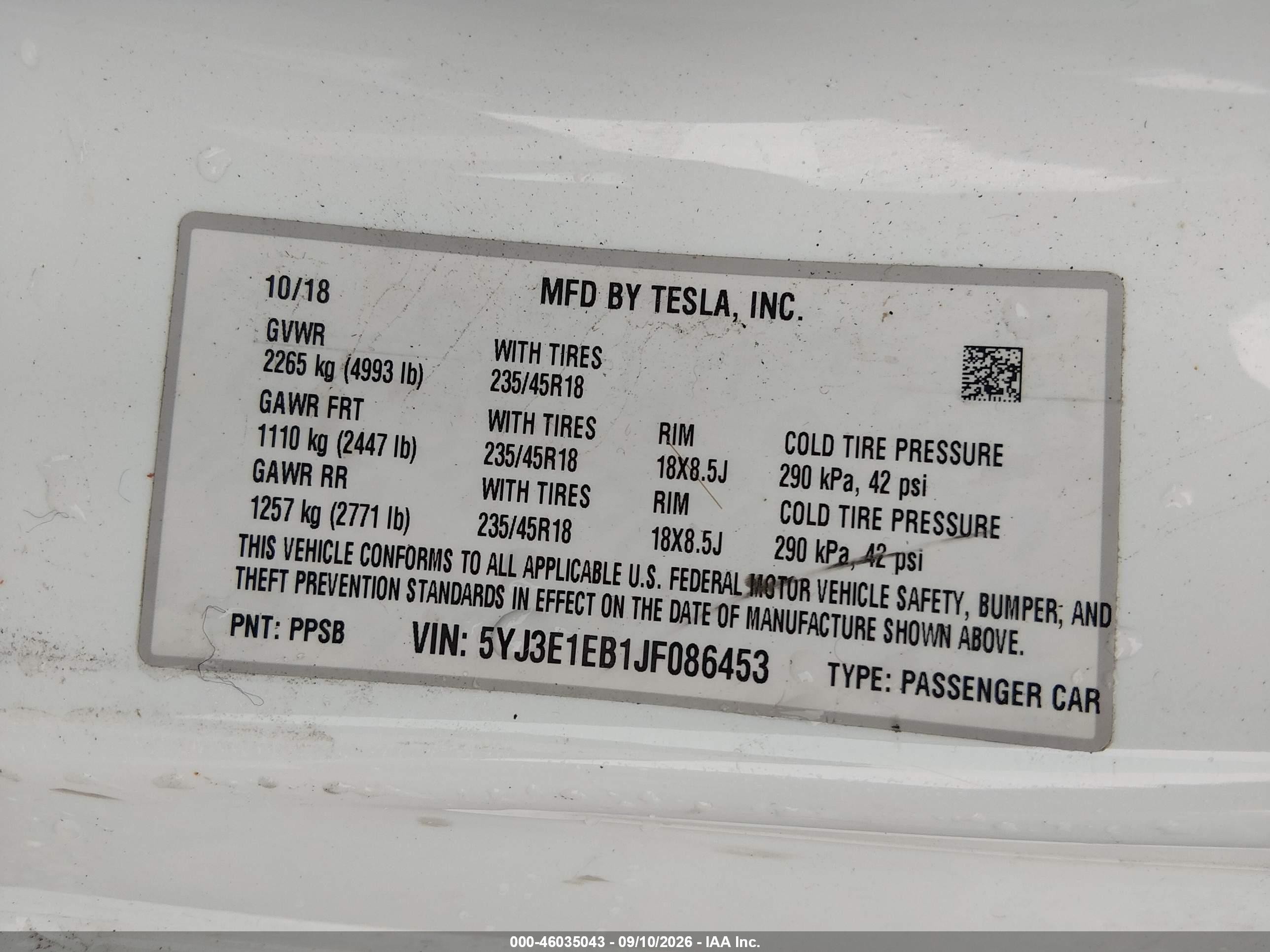2018 Tesla Model 3 VIN 5YJ3E1EB1JF086453 IAAI salvage auction — Rear End, Salvage (Ohio), sold $5,350 on 2026-09-27 (photo 9)