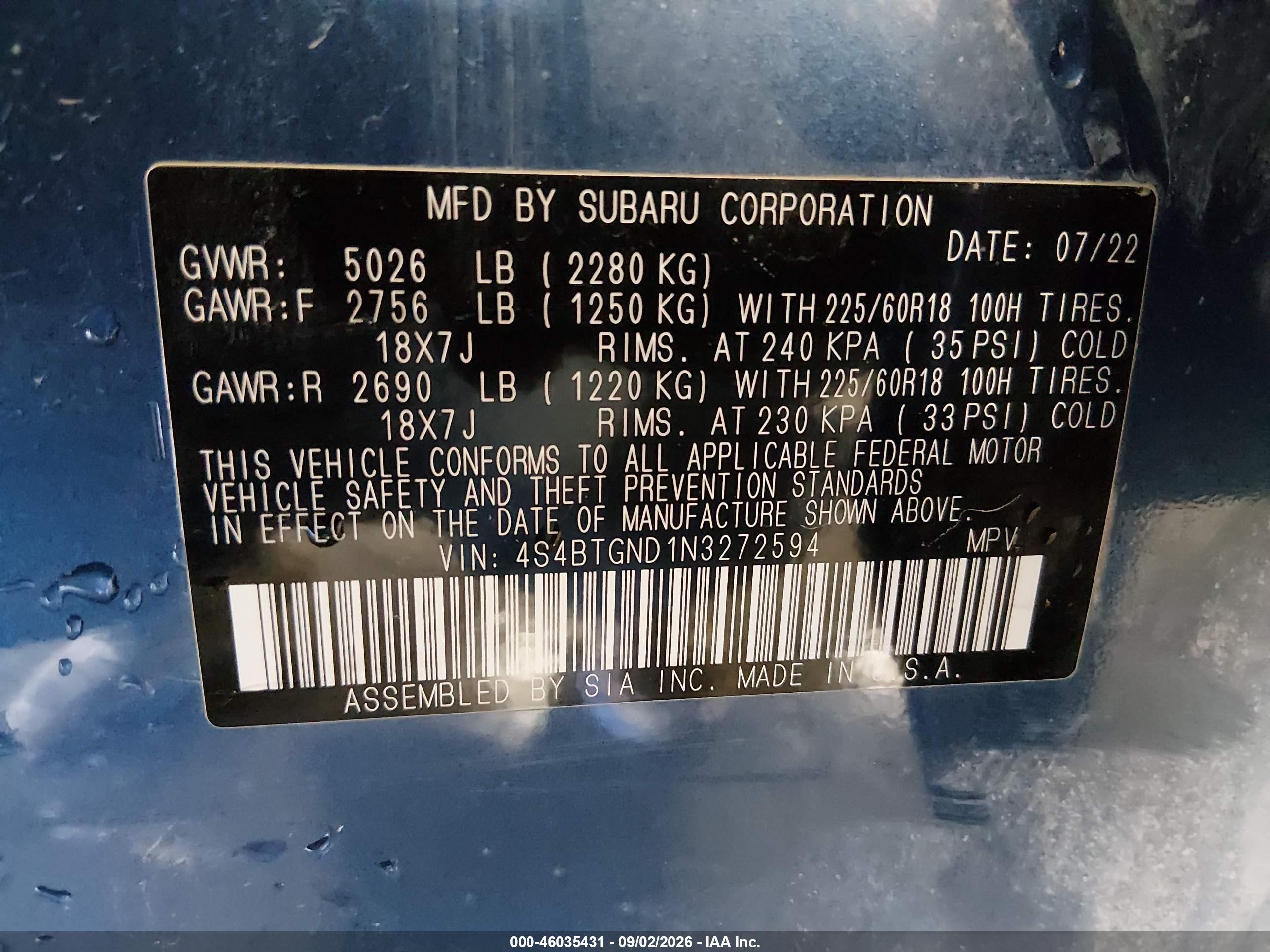 2022 Subaru Outback VIN 4S4BTGND1N3272594 IAAI salvage auction — Rear End, Bill Of Sale (Alaska), sold $5,800 on 2026-09-08 (photo 9)
