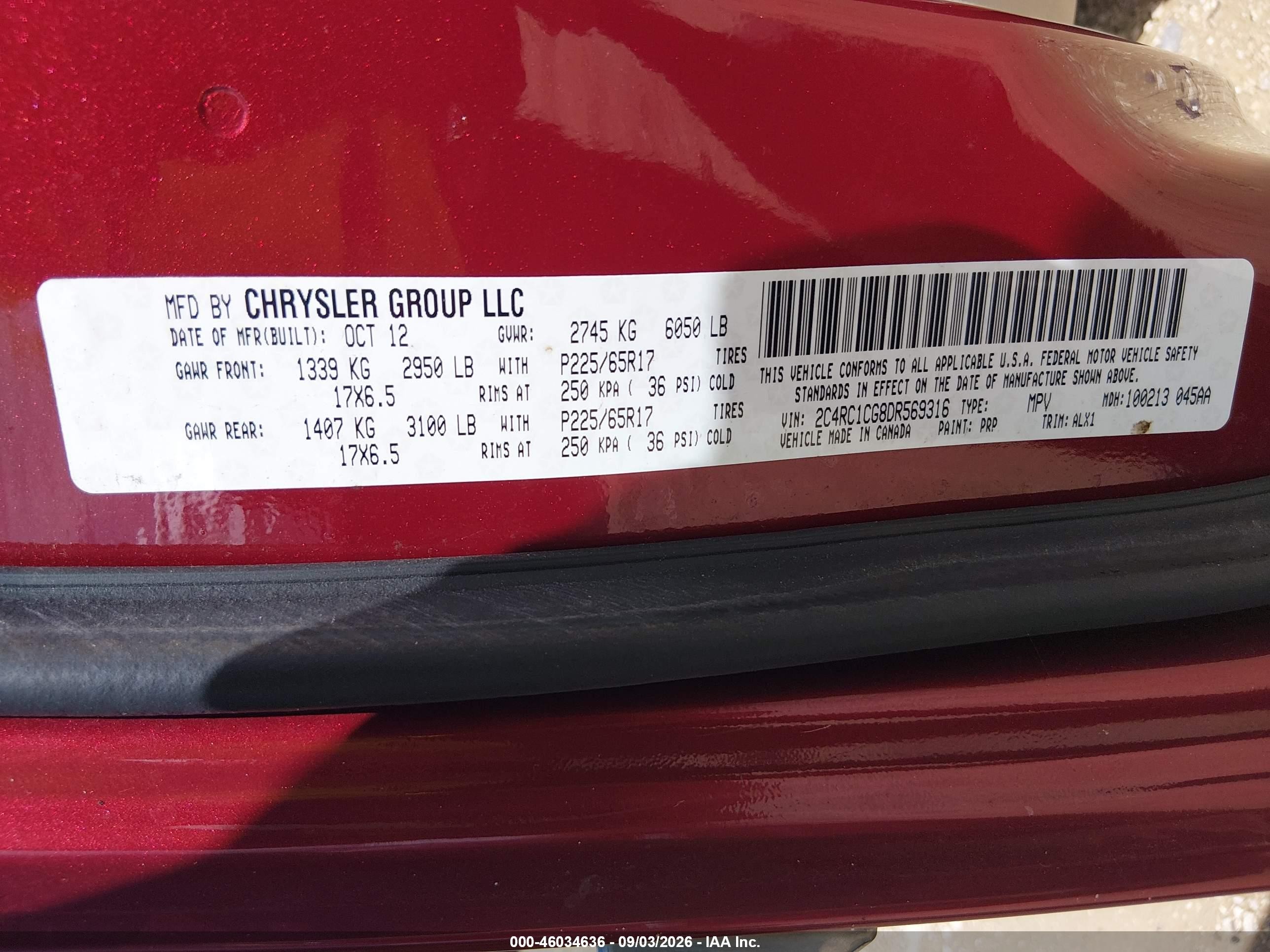 2013 Chrysler Town & country VIN 2C4RC1CG8DR569316 IAAI salvage auction — Normal Wear, Clear (Florida), sold $300 on 2026-09-08 (photo 9)