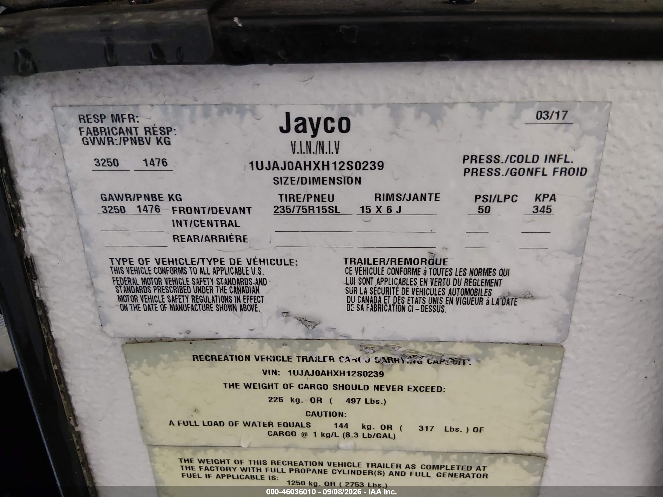 2017 Jayco Jay VIN 1UJAJ0AHXH12S0239 IAAI salvage auction — Vandalized, Bill Of Sale (Alaska), sold $400 on 2026-09-11 (photo 9)