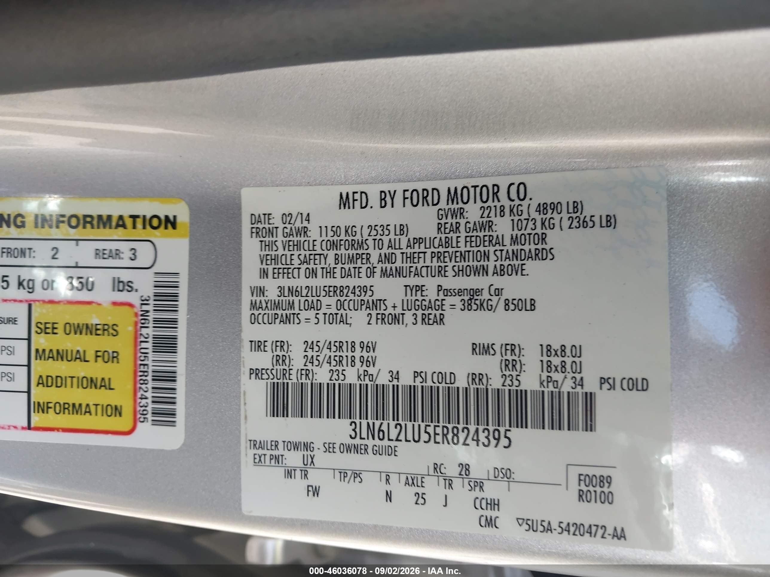 2014 Lincoln MKZ VIN 3LN6L2LU5ER824395 IAAI salvage auction — Front End, Clear (Virginia), sold $1,700 on 2026-09-23 (photo 9)