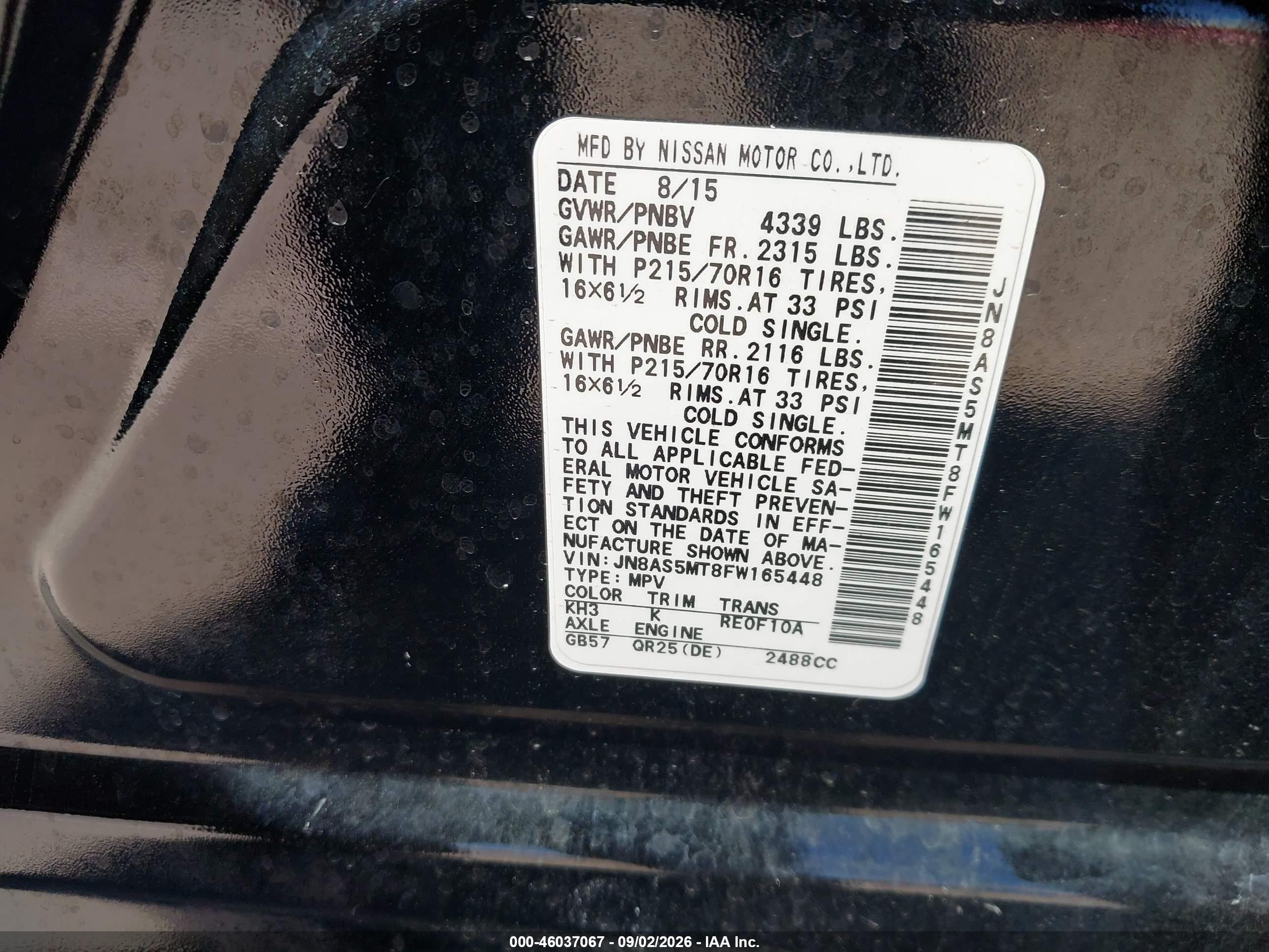 2015 Nissan Rogue VIN JN8AS5MT8FW165448 IAAI salvage auction — Front End, Salvage (Arizona), sold $800 on 2026-09-23 (photo 9)
