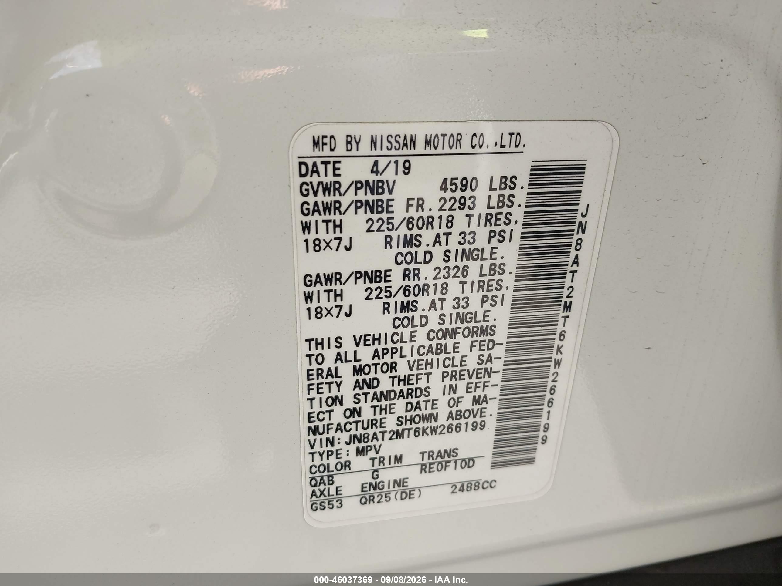 2019 Nissan Rogue VIN JN8AT2MT6KW266199 IAAI salvage auction — Front & Rear, Salvage Certificate (California), sold $4,350 on 2026-09-13 (photo 9)