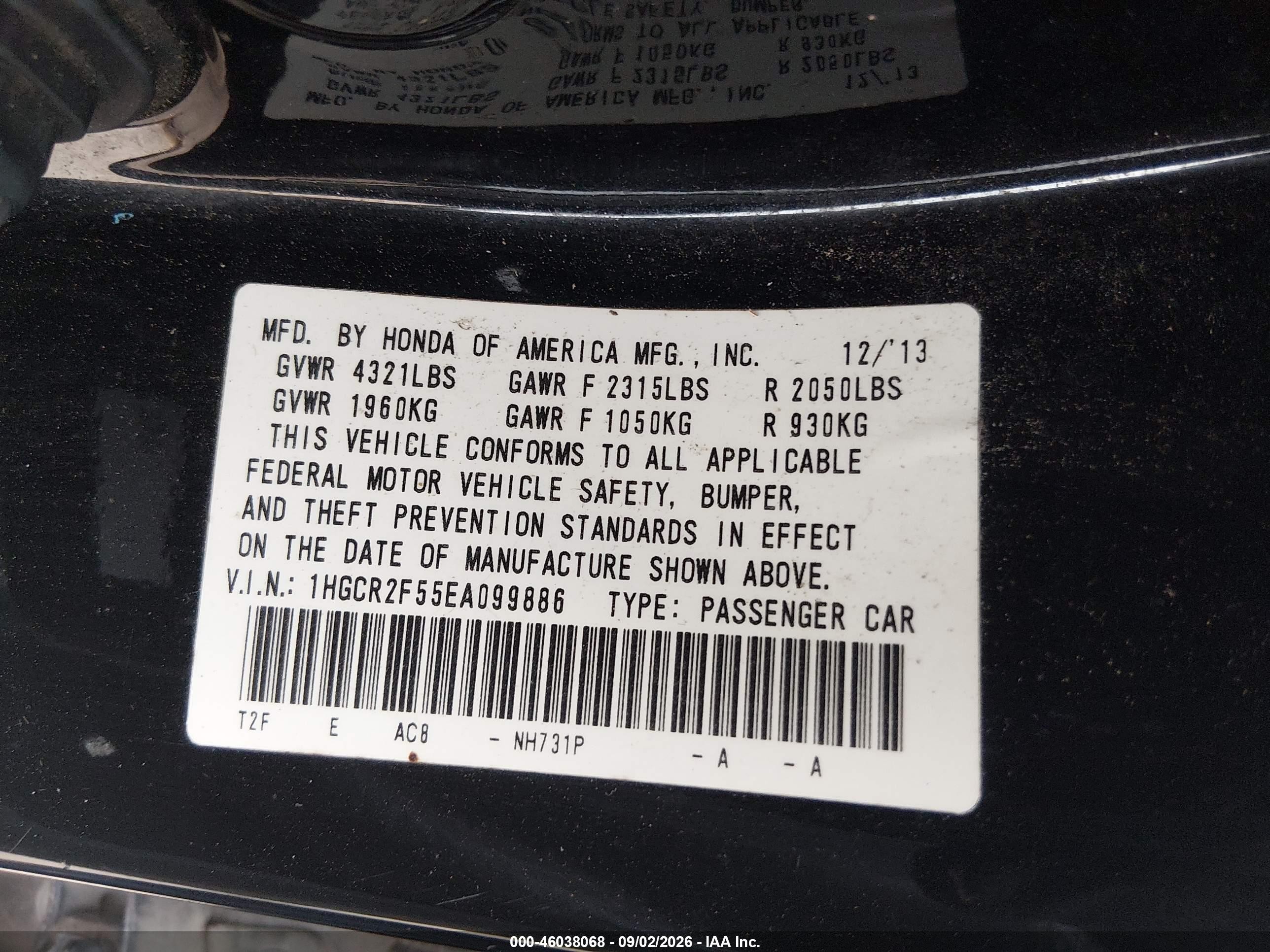 2014 Honda Accord VIN 1HGCR2F55EA099886 IAAI salvage auction — Normal Wear, Original (Texas), sold $2,525 on 2026-09-29 (photo 9)