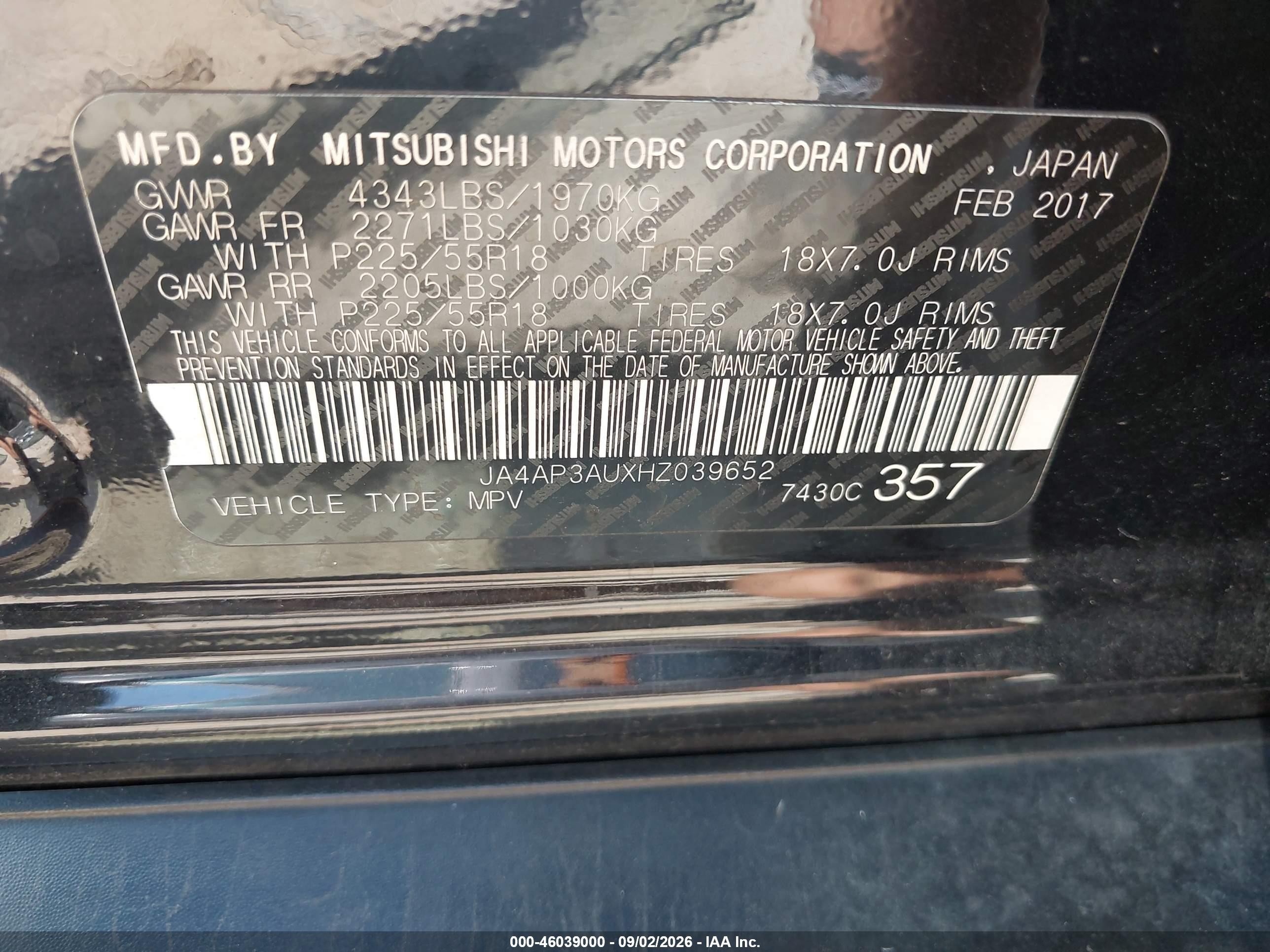 2017 Mitsubishi Outlander VIN JA4AP3AUXHZ039652 IAAI salvage auction — Front End, Clear (Indiana), sold $1,100 on 2026-09-09 (photo 9)